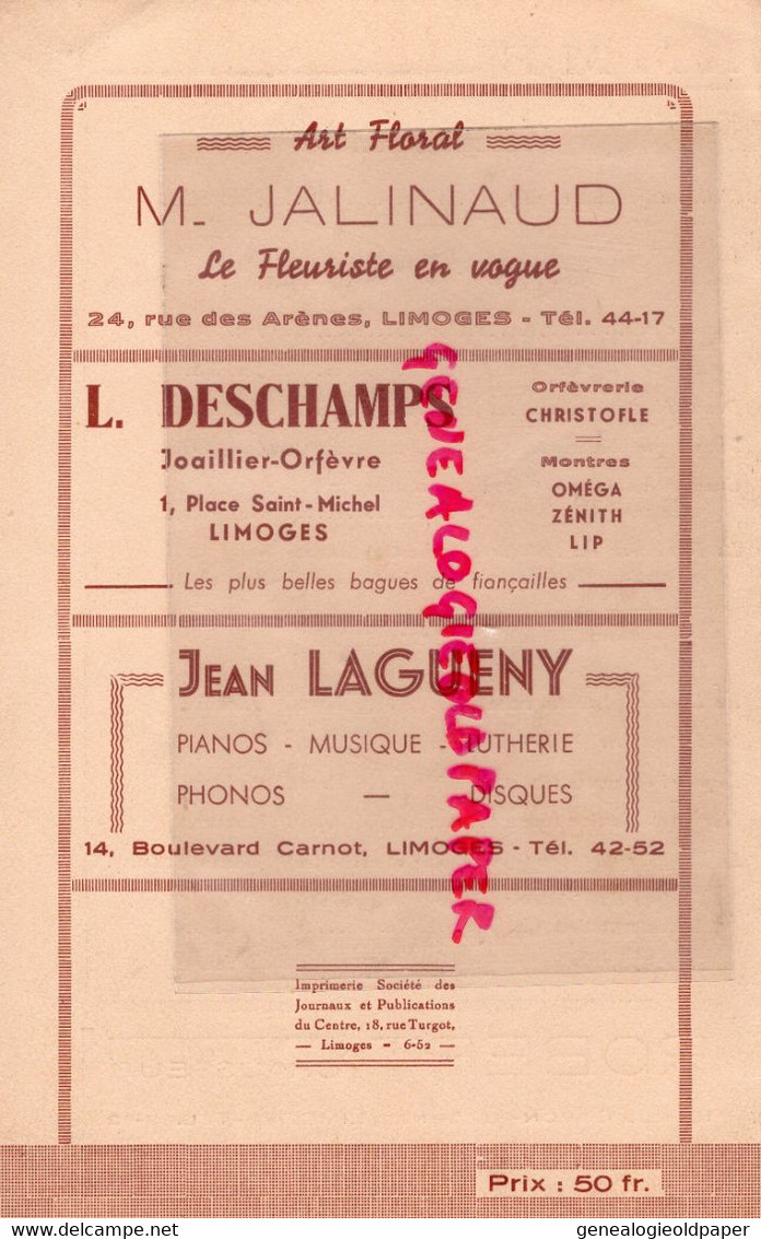 87-LIMOGES- PROGRAMME CONCERT SALLE SAINT AURELIEN-EGLISE SACRE COEUR-ABBE CHARLES MEYER-LAGUENY-DESCHAMPS- JALINAUD - Programmes