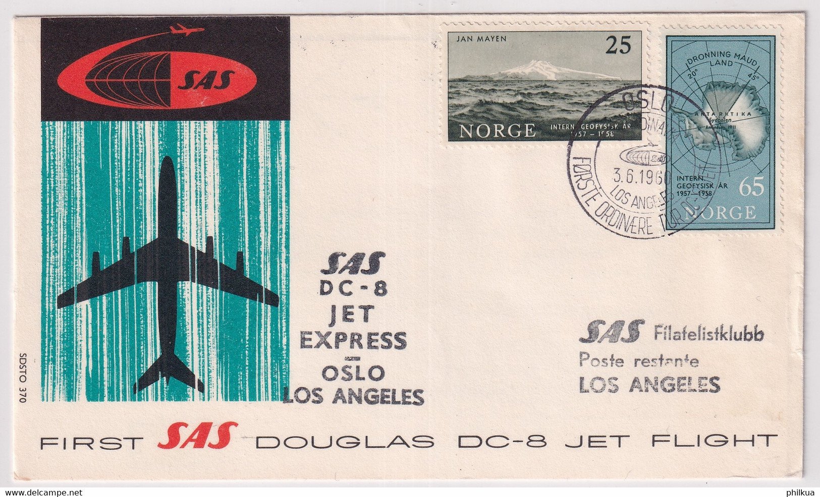 MiNr. 411 / 413  Norwegen Internationales Geophysikalisches Jahr - First SAS DC-8 Jet Express OSLO - LOS ANGELES - Covers & Documents