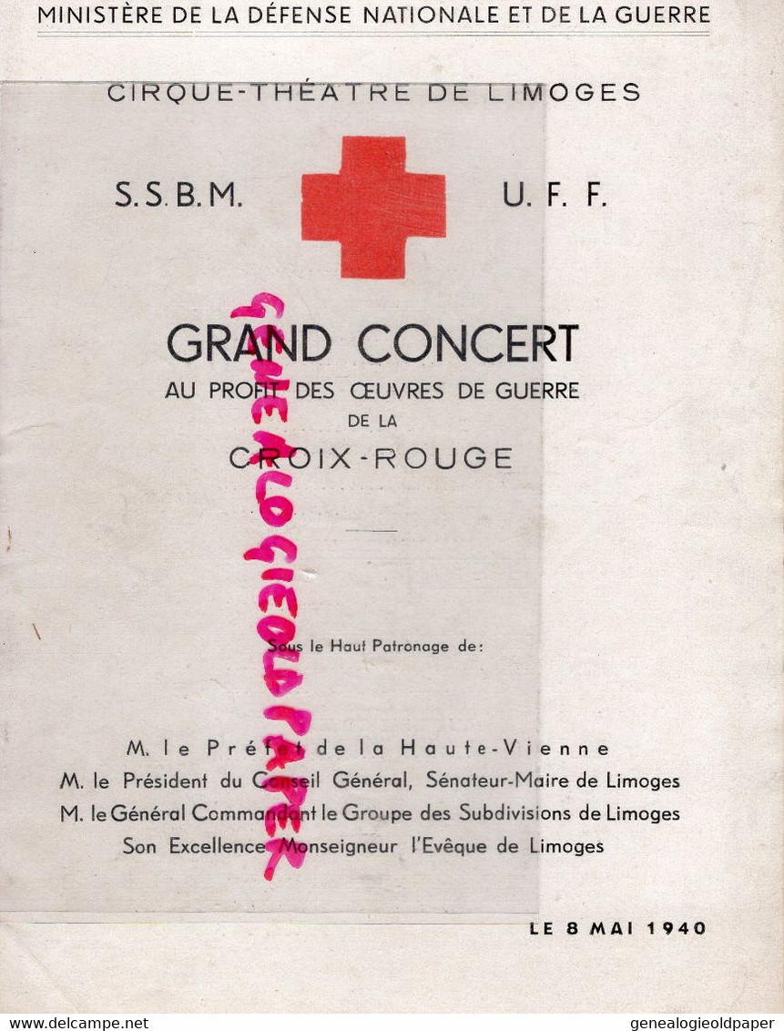 87-LIMOGES- PROGRAMME CIRQUE THEATRE- CONCERT GUERRE CROIX ROUGE-8 MAI 1940-PIERRE GATINEAU-RICROS-PIFTEAU-LILAMAND - Programma's