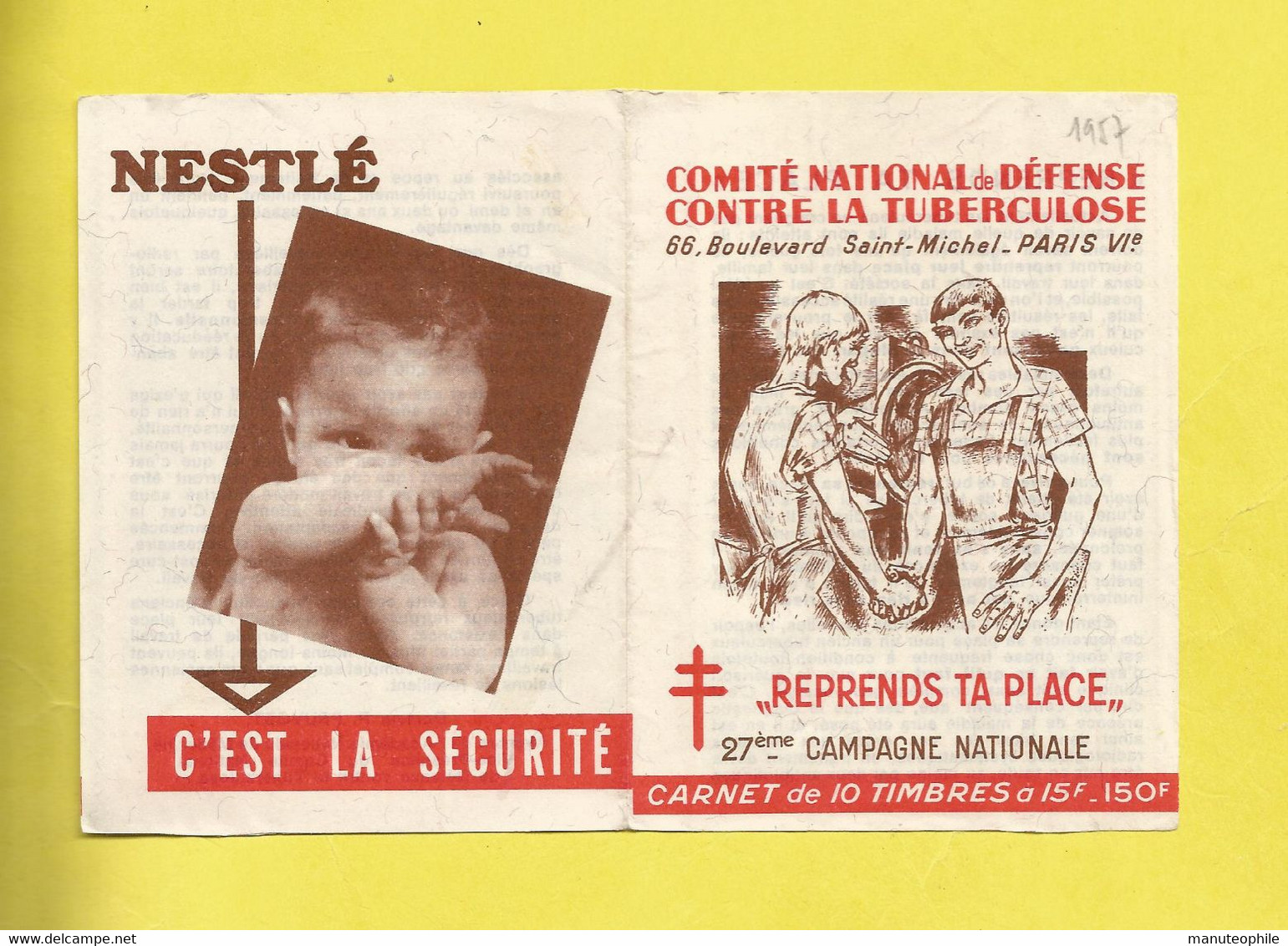 Erinnophilie Carnet Timbre Antituberculeux B C G  Complet Neuf Contre La Tuberculose 1957 1958 Avec Bandes Publicitaires - Tuberkulose-Serien