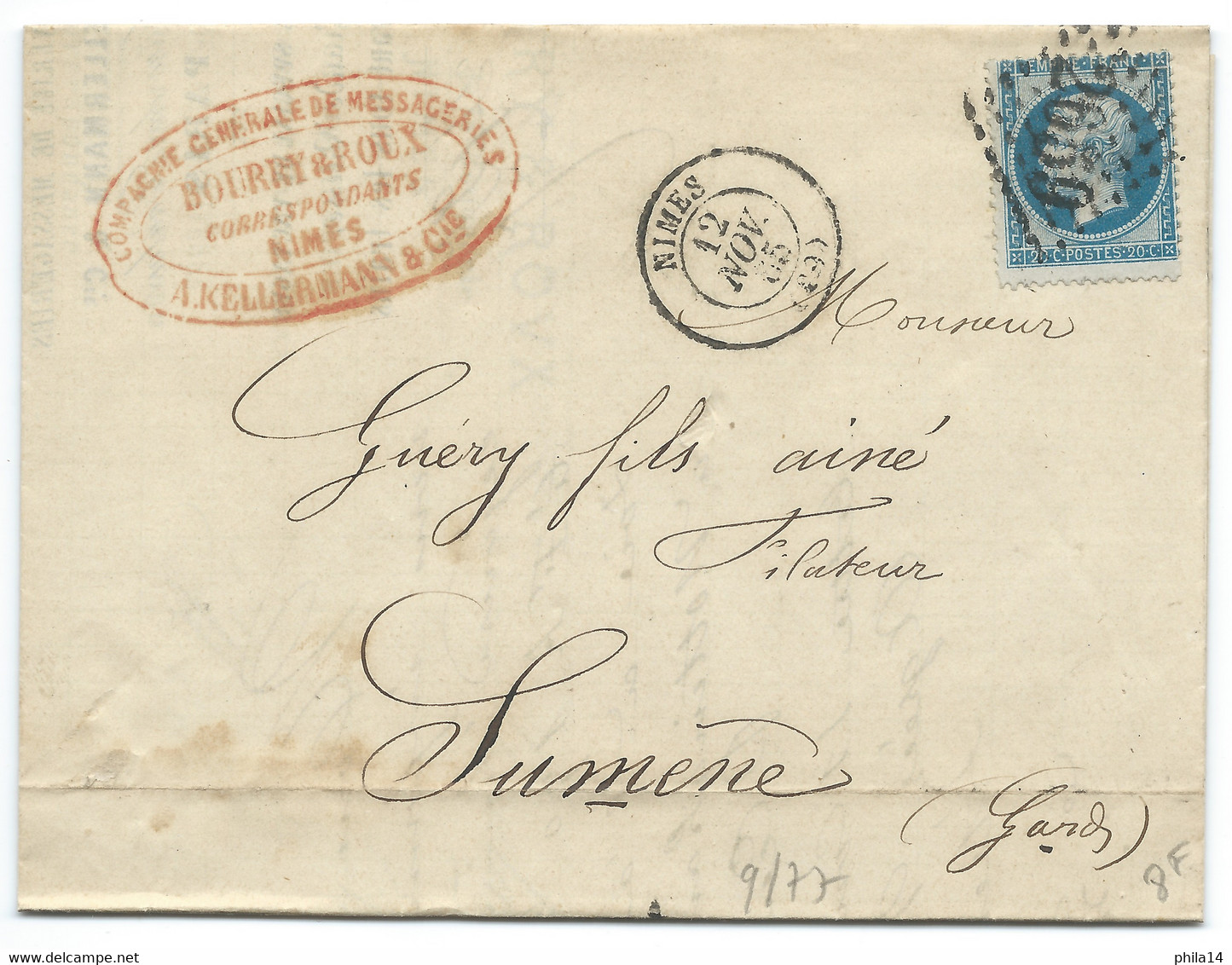 N° 22 BLEU NAPOLEON SUR LETTRE / NIMES POUR SUMENE / 1865 / MESSAGERIES BOURRY & ROUX - 1849-1876: Periodo Classico