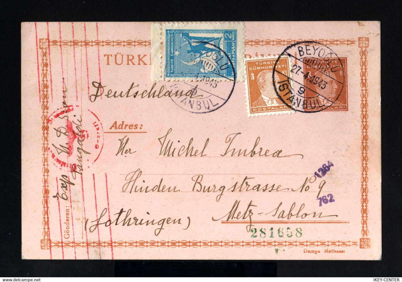 3854-TURKEY-MILITARY NAZI CENSOR POSTCARD BEYOGLU To METZ (germany).1943.WWII.Turquie.Carte Postale.POSTKARTE - Storia Postale