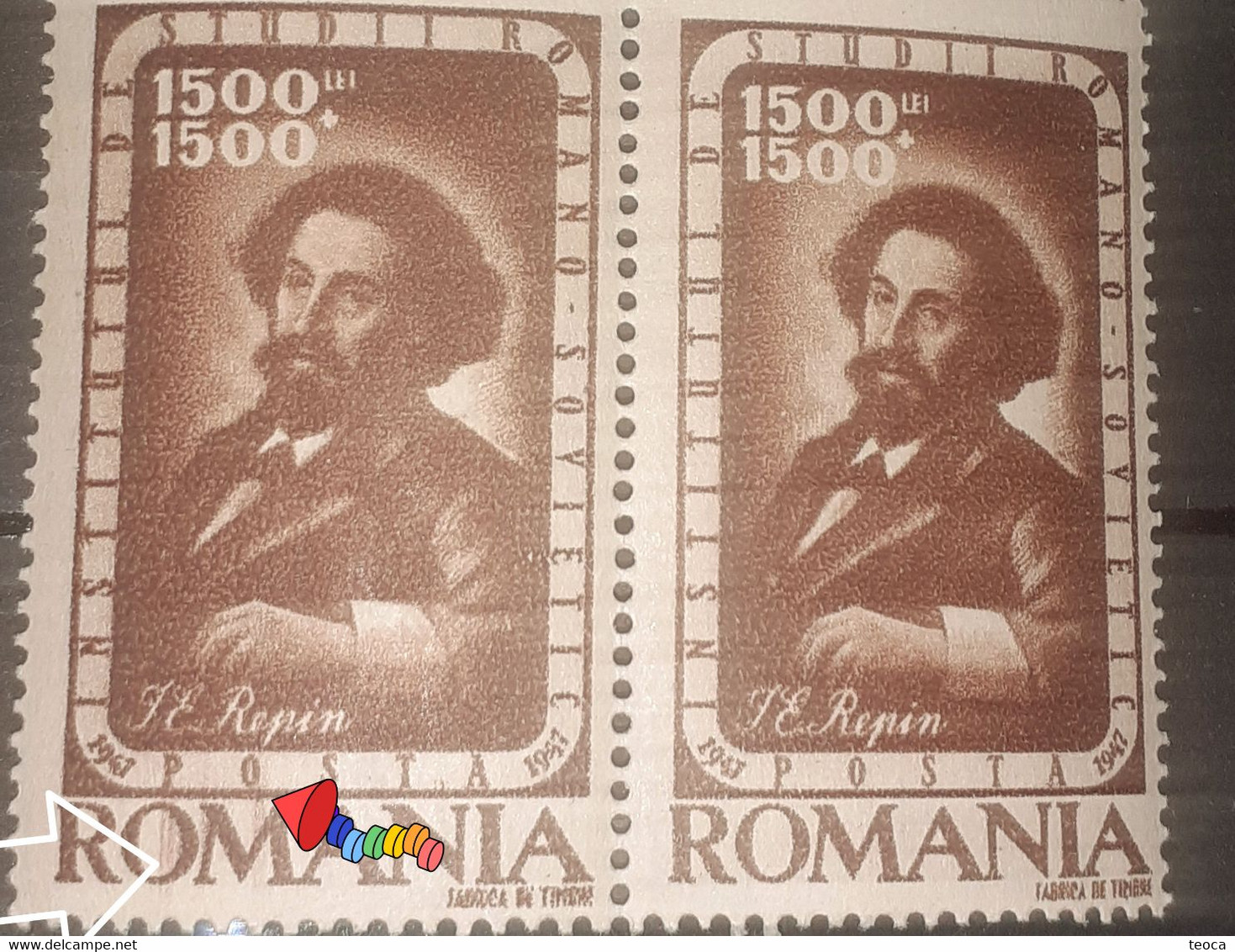 Stamps Errors Romania  1947 Mi 1050, Art Painting Repin With Printed  Double Line Vertical  Color Paar X2 Mnh Unused - Errors, Freaks & Oddities (EFO)