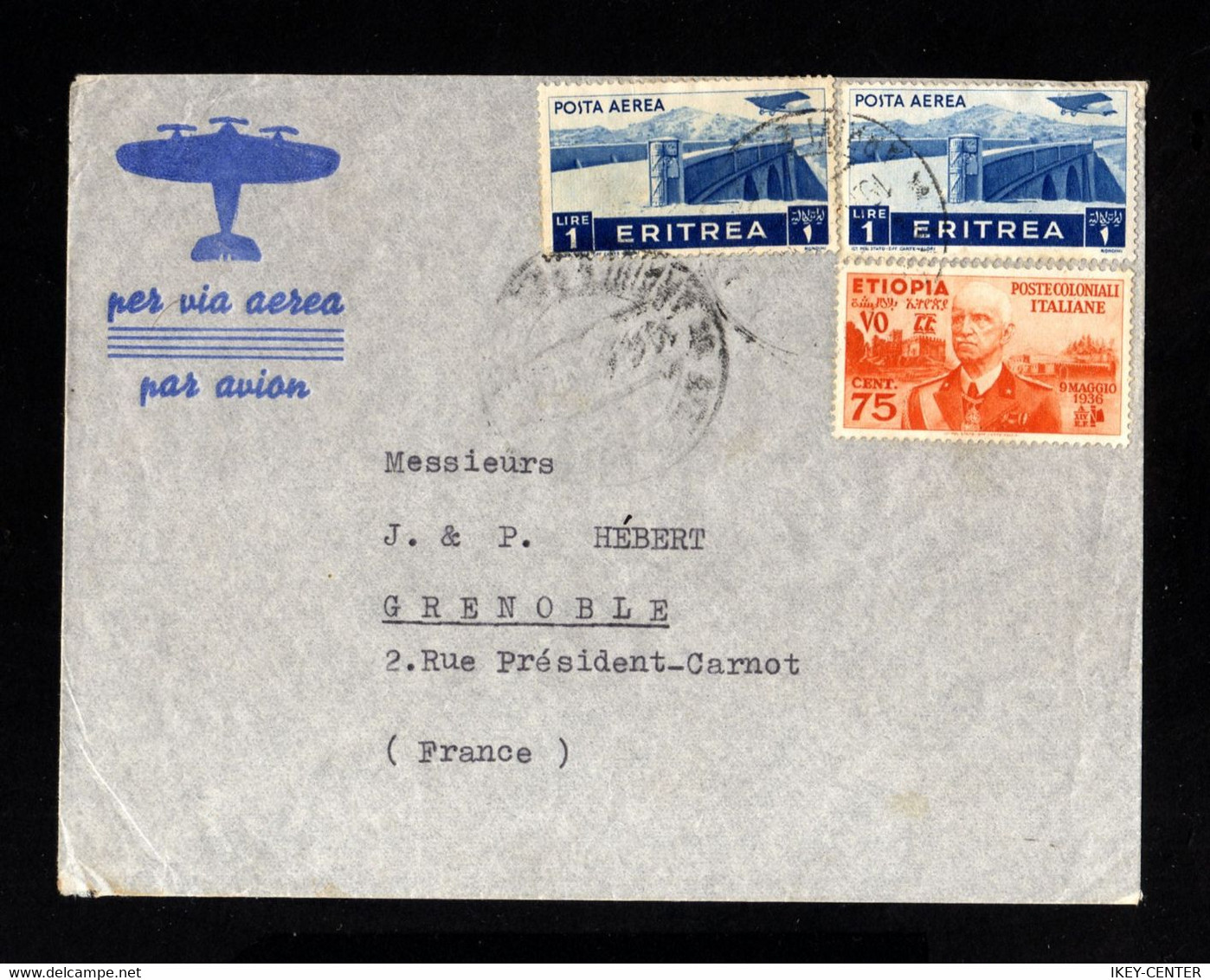S49-ITALIAN ERITREA-AIRMAIL COVER ADDIS ABEBA To GRENOBLE (france) 1938.WWII.ITALIAN Colonies. - Erythrée