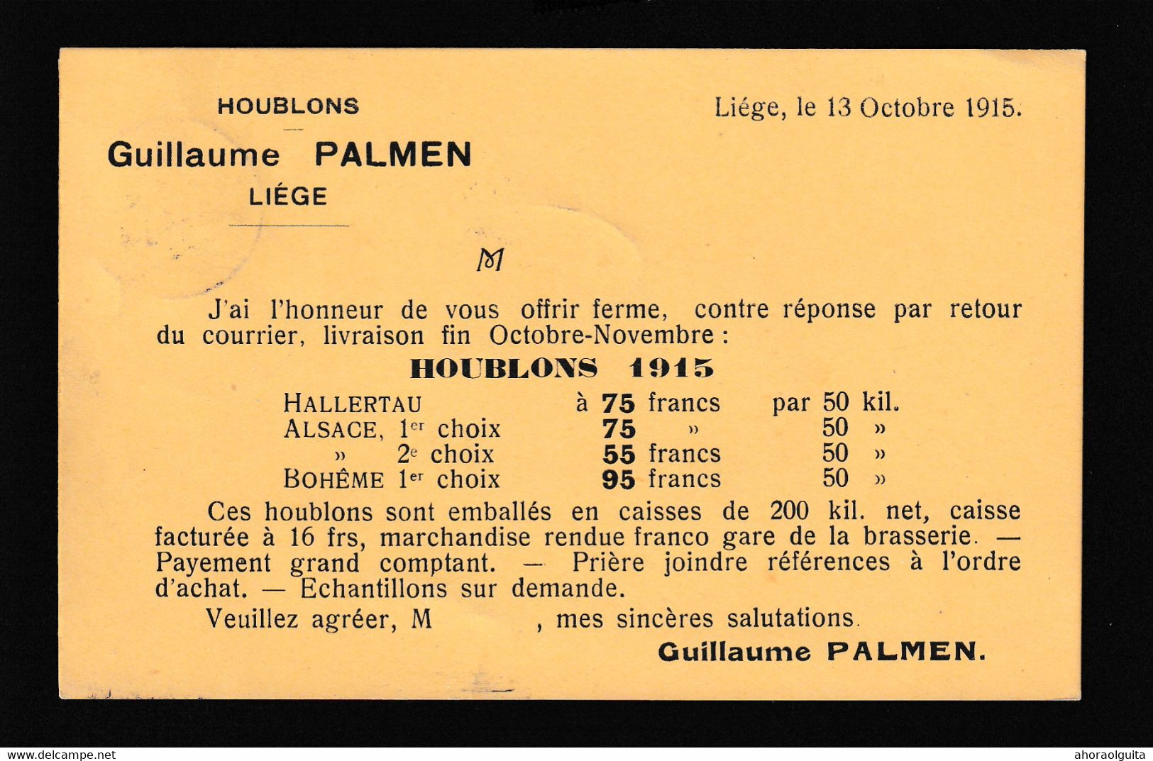 DDAA 252 - IMPRIME TP Germania LUTTICH 1915 Vers Beco , Brasseur à CHOKIER - Tarif Houblons Guillaume Palmen - Cervezas