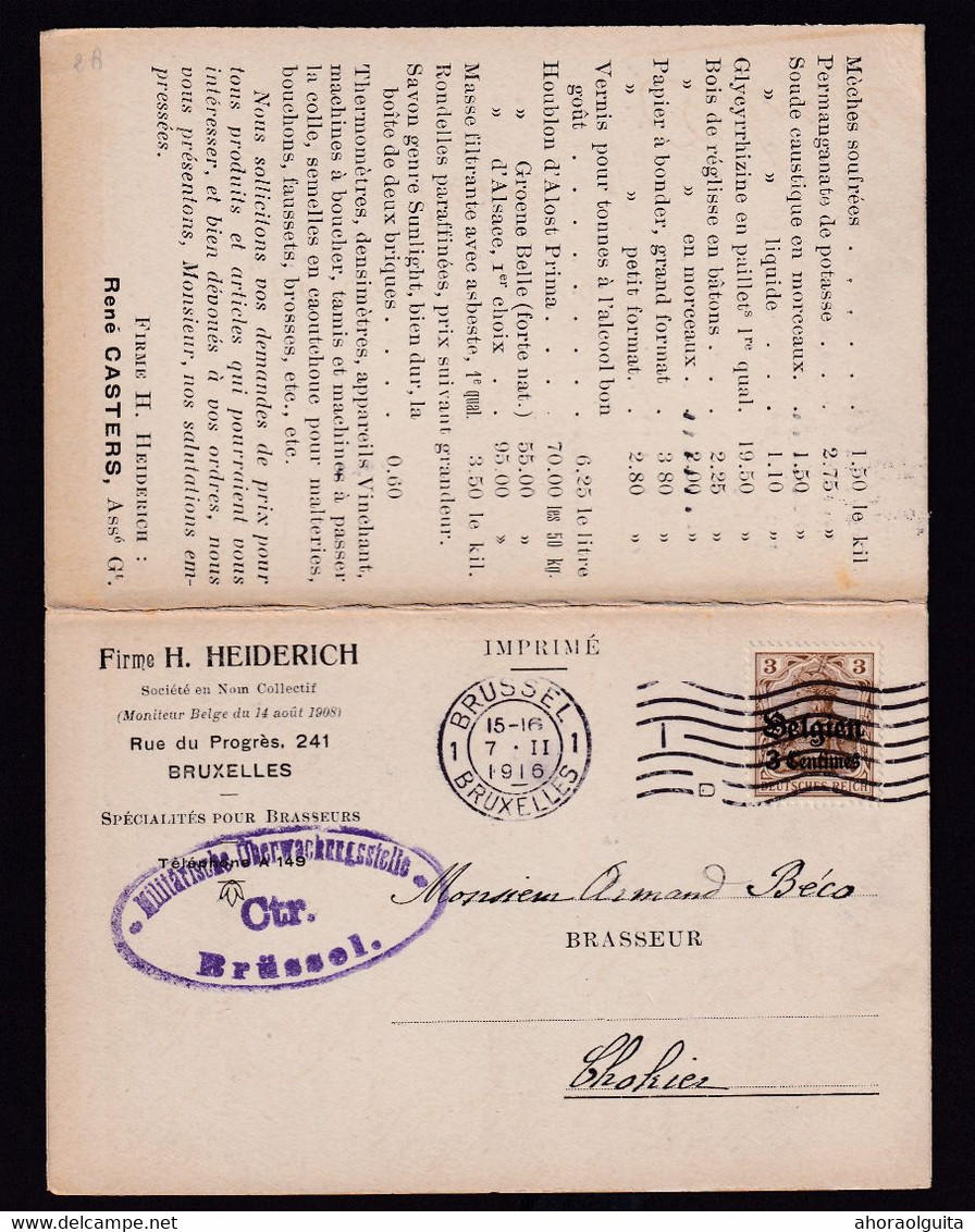 DDAA 253 - IMPRIME TP Germania BRUSSEL 1916 Vers Beco , Brasseur à CHOKIER - Tarif Heiderich , Articles Pour Brasseries - Bières