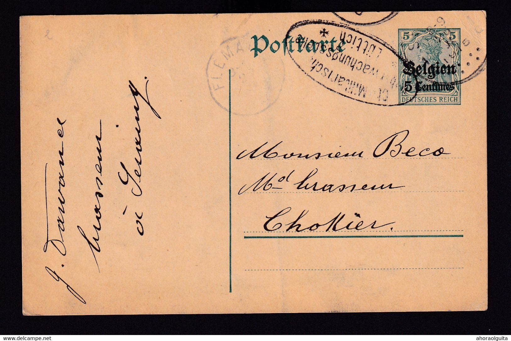 DDAA 254 - Entier Postal Germania SERAING 1915 Vers Beco , Brasseur à CHOKIER Via FLEMALLE - Expéd. Dawance , Brasseur - Beers