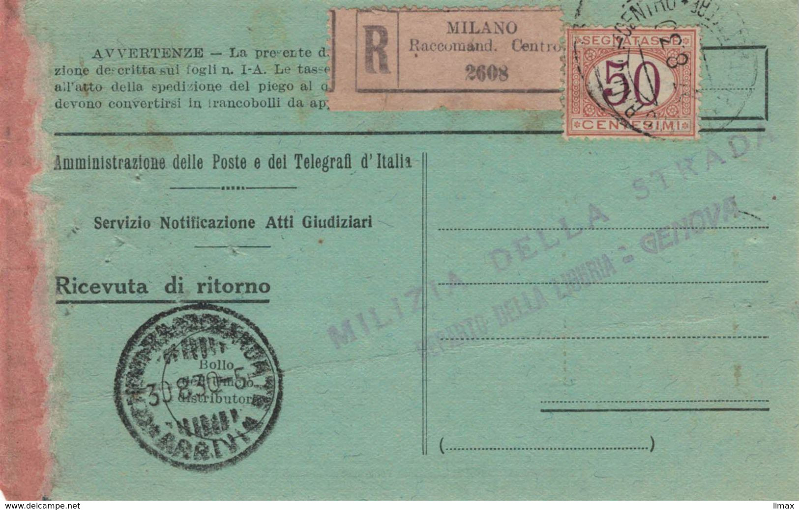 Reko Milano Centro Postsache 1930 - Ricevuta Di Ritorno > Milizia Della Strada Di Liguria Genova - Dienstzegels