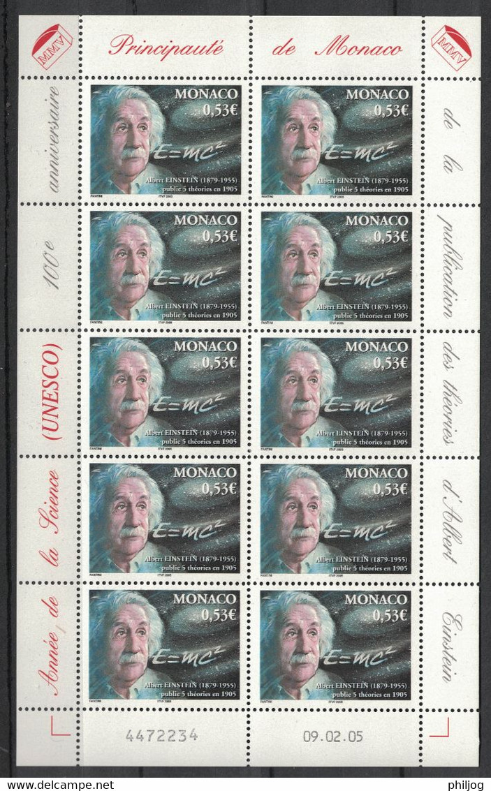 Monaco - Yvert 2484 - Feuille Complète Neuve SANS Charnière - Scott#2371 - Einstein - Unused Stamps