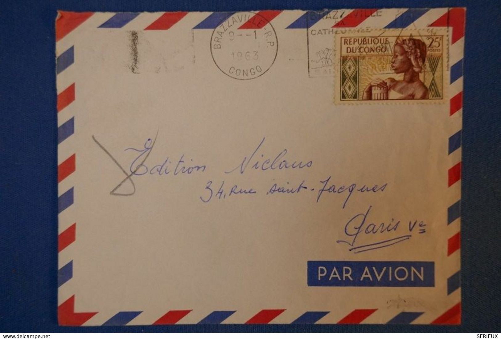 426 CONGO LETTRE 1963 BRAZZAVILLE PAR AVION POUR PARIS RUE ST JACQUES + AFFRANCHISSEMENT PLAISANT - Covers & Documents