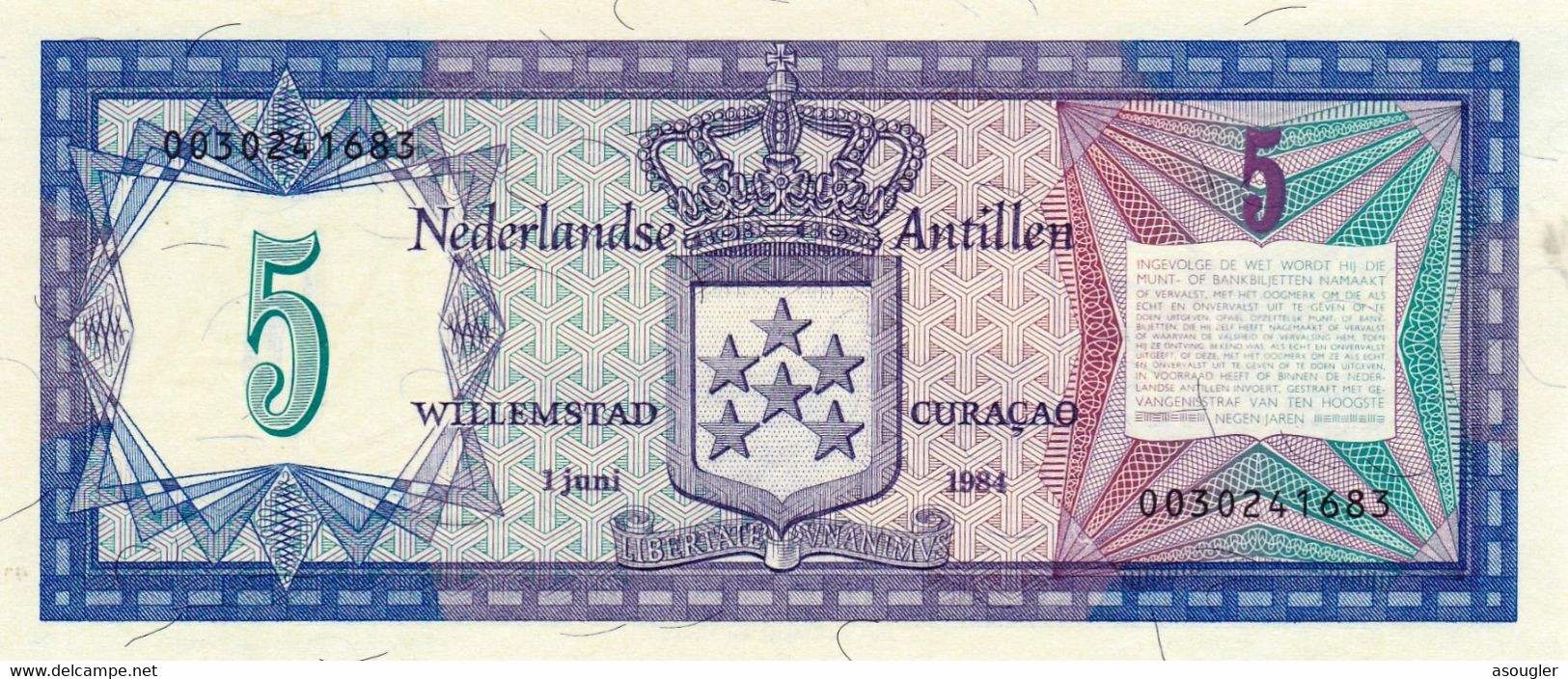 Netherlands Antilles 5 Gulden 1984 UNC P-15b "free Sipping Via Registered Air Mail" - Other & Unclassified