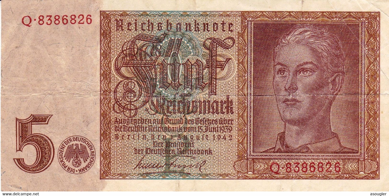 GERMANY 5 Reichs Mark (1939) 1942 F-VF P-186a "free Shipping Via Registered Air Mail) - 5 Reichsmark