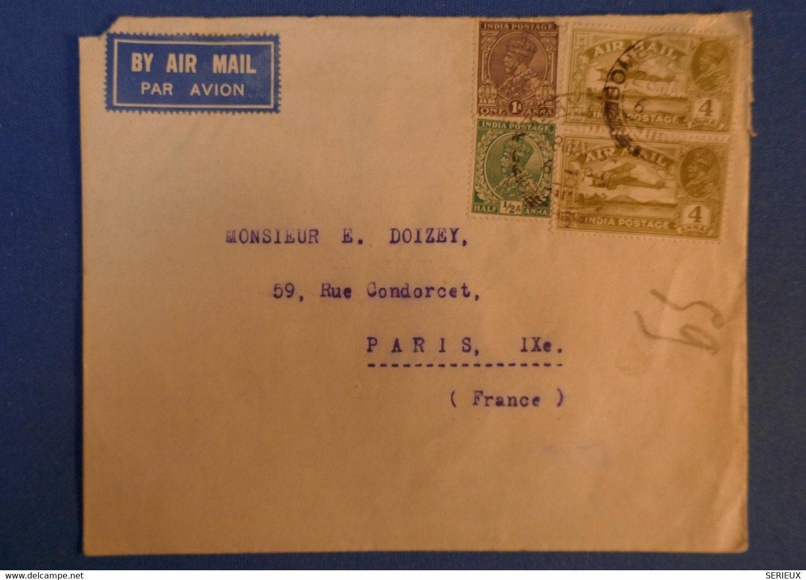 492 INDE BELLE LETTRE 1937 BOMBAY PAR AVION A PARIS R CONDORCET + CACHET ROUGE AU VERSO + PAIRE DE TIMBRES AERIA POST - 1936-47 King George VI
