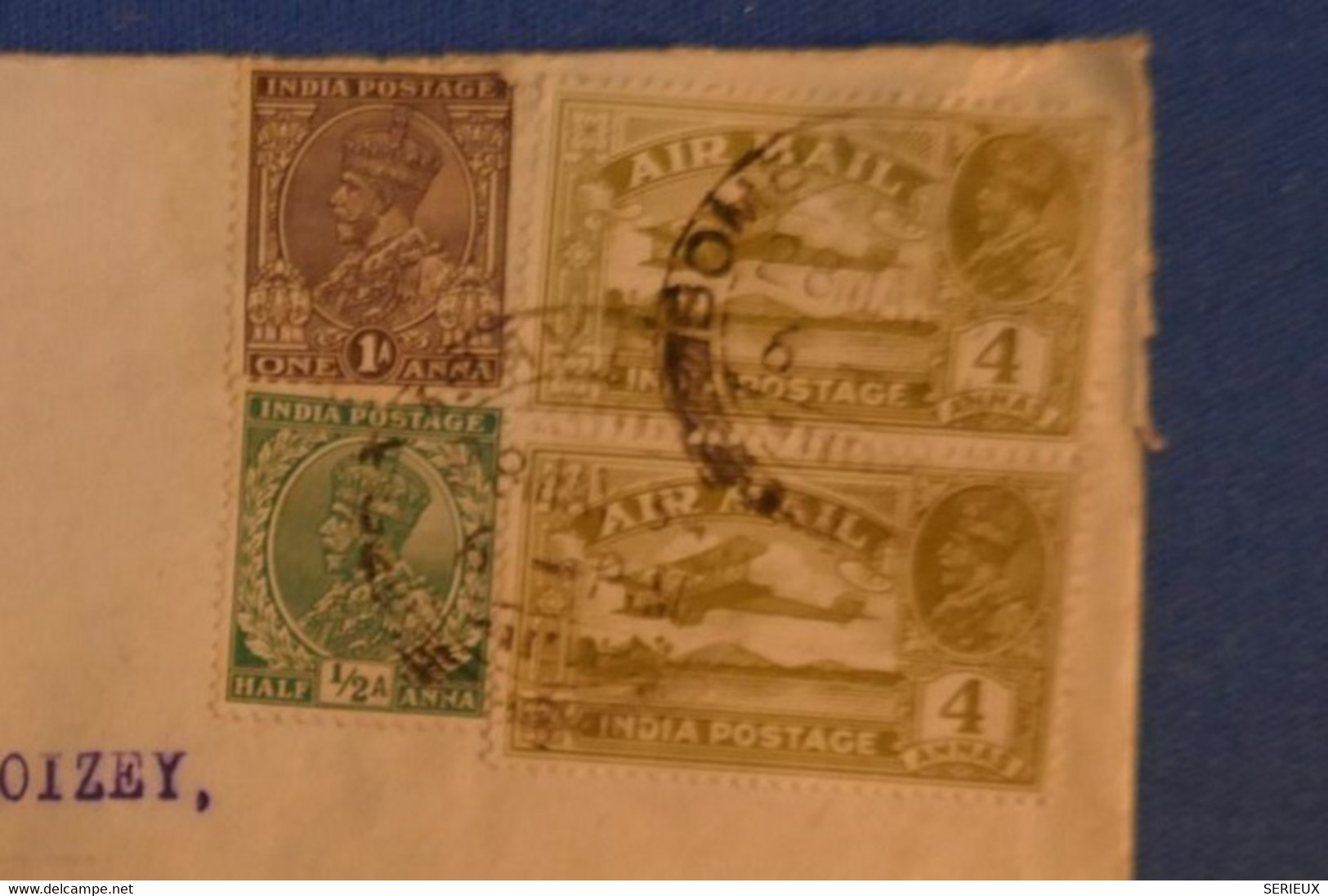 492 INDE BELLE LETTRE 1937 BOMBAY PAR AVION A PARIS R CONDORCET + CACHET ROUGE AU VERSO + PAIRE DE TIMBRES AERIA POST - 1936-47 King George VI