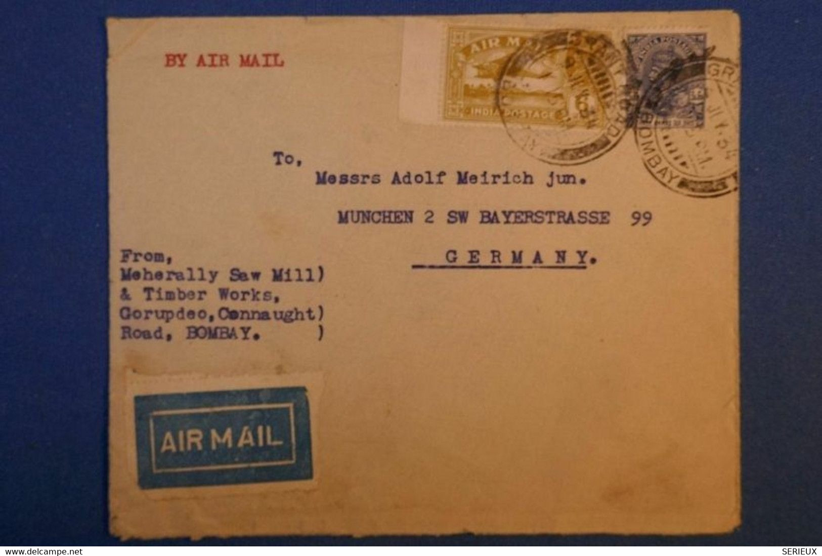 457 INDE BELLE LETTRE 1934 BOMBAY POUR ALLEMAGNE MUNICH +TP BORD DE FEUILLE+ AFFRANCH. INTERESSANT - 1936-47 Koning George VI