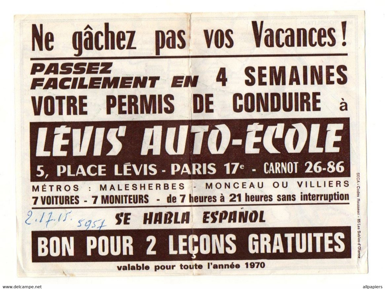 Plan-éclair Métropolitain Paris Avec Publicité Au Verso Lévis Auto-école Paris - Format Déplié : 18x13.5 Cm - Europe