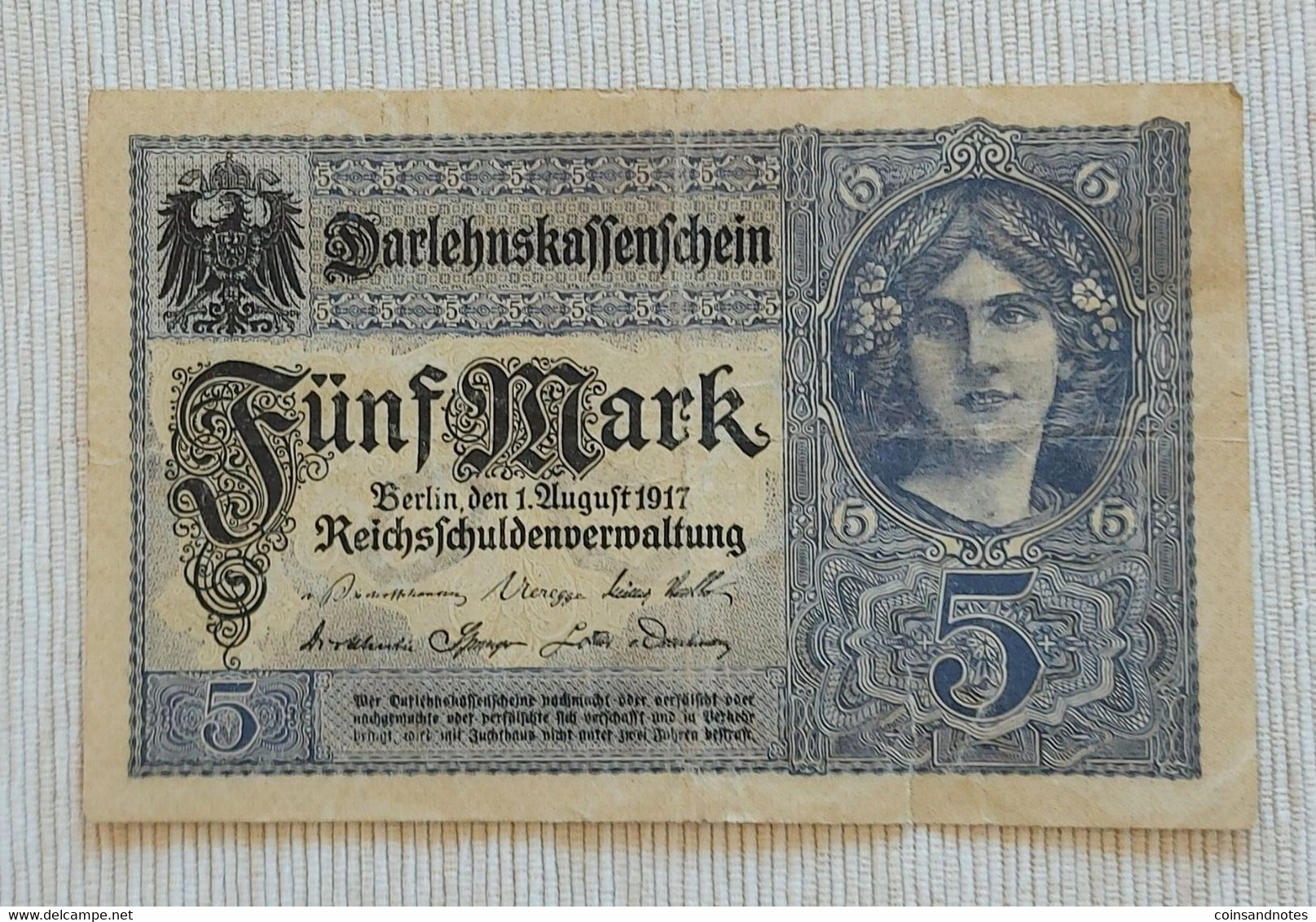 Germany 1917 - 5 Mark - Darlehnskassenschein - No X.12135245 - P# 56b - Near UNC - 5 Mark