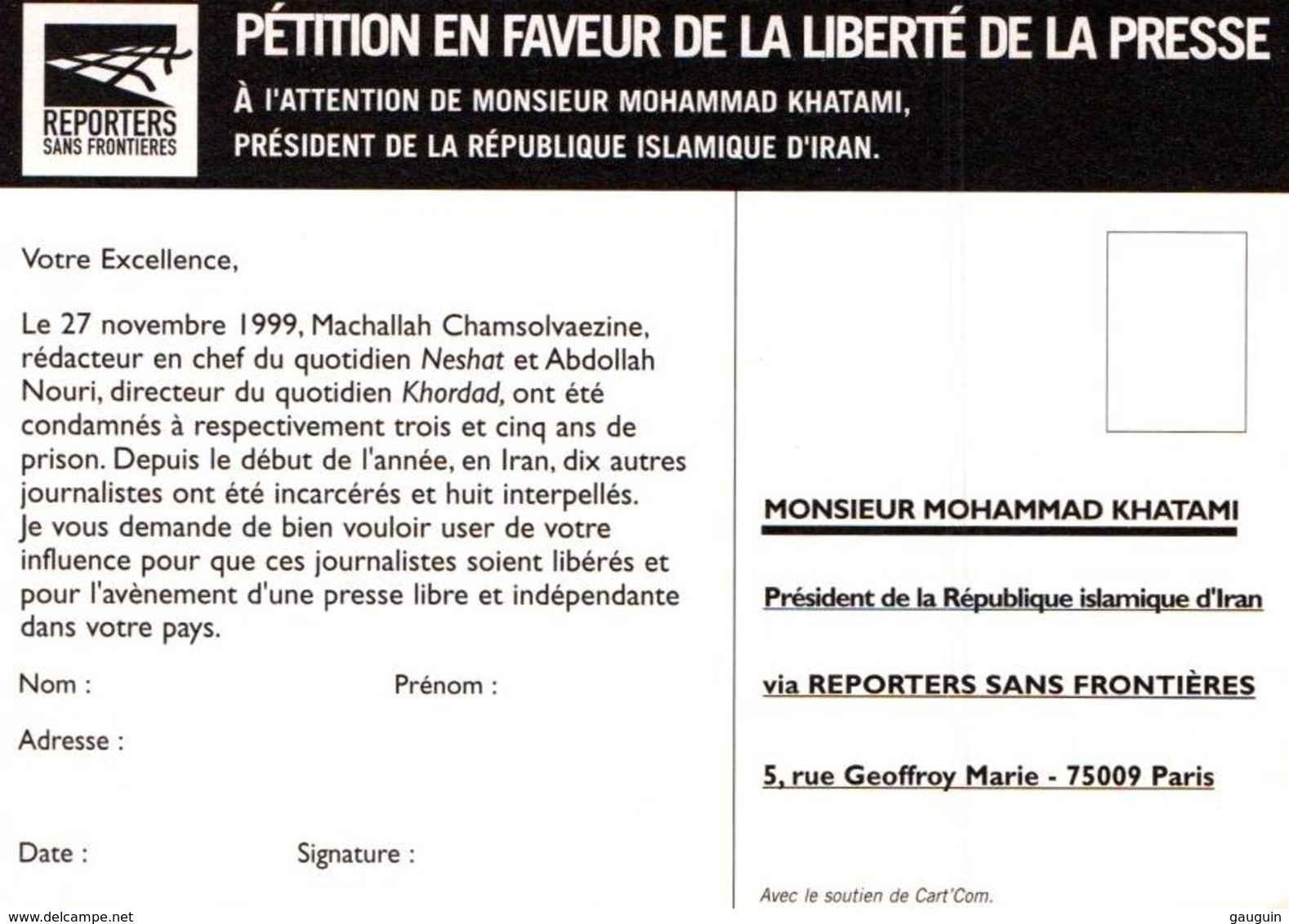 CPM - ILLUSTRATION PLANTU - DESSINER à TEHERAN - Reporters Sans Frontières - Edition Cart'Com - Plantu