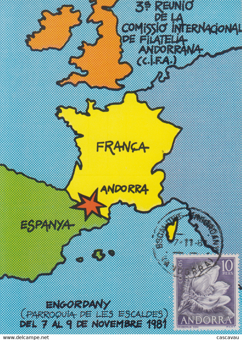 Carte  ANDORRE   3éme  Réunion  Commission  Internationale  De  Philatélie  Andorrane  ENGORDANY  1981 - Covers & Documents