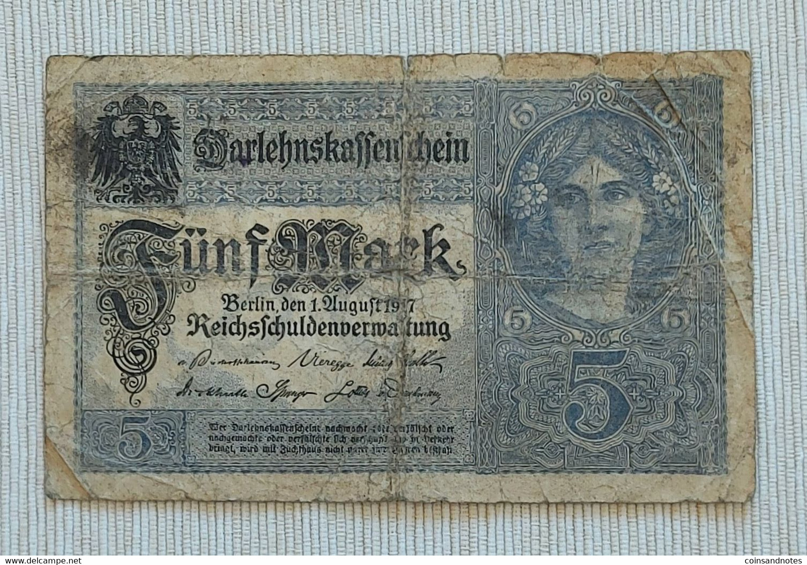 Germany 1917 - 5 Mark - Darlehnskassenschein - No Q.10813767 - P# 56b - F - 5 Mark