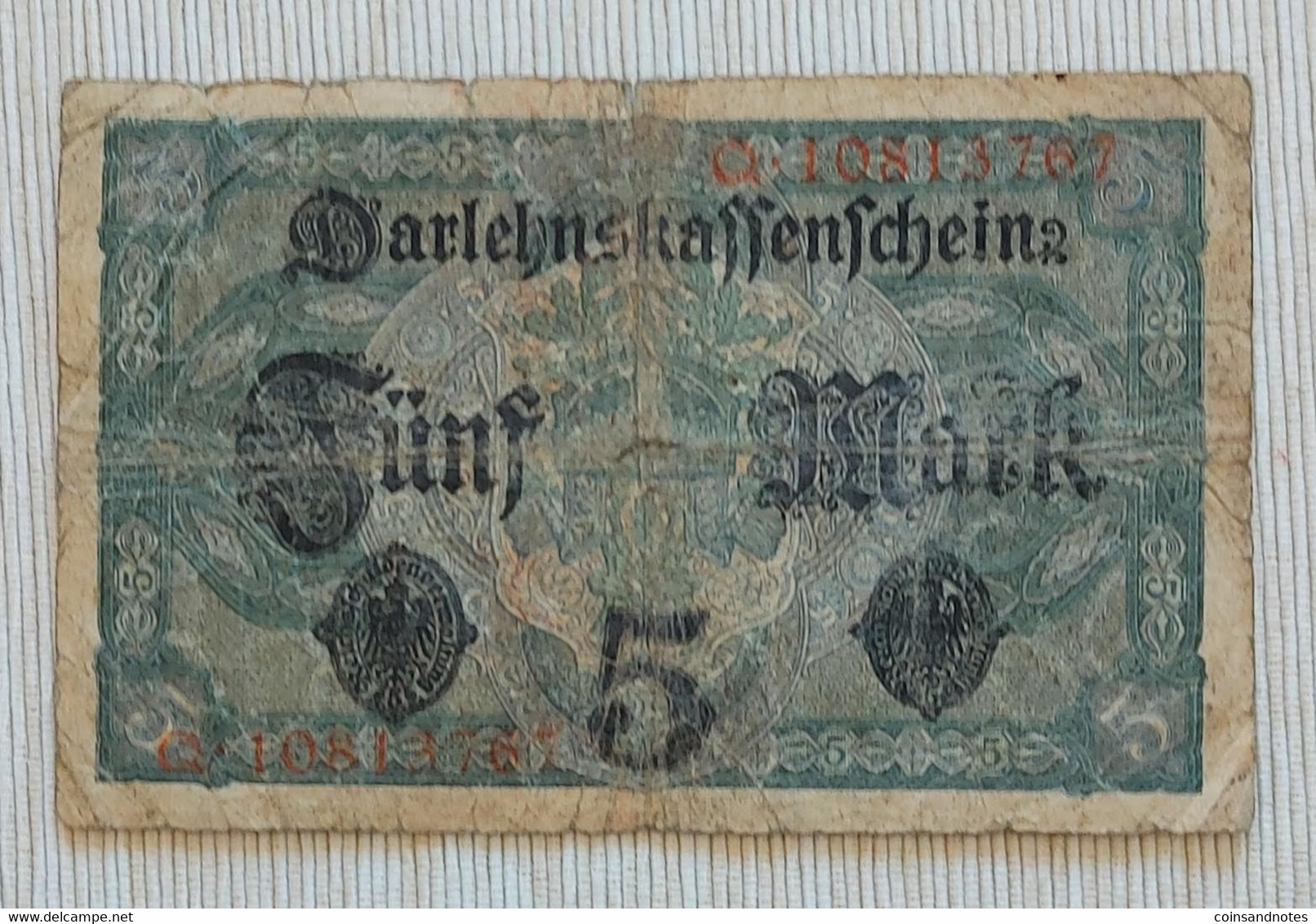 Germany 1917 - 5 Mark - Darlehnskassenschein - No Q.10813767 - P# 56b - F - 5 Mark