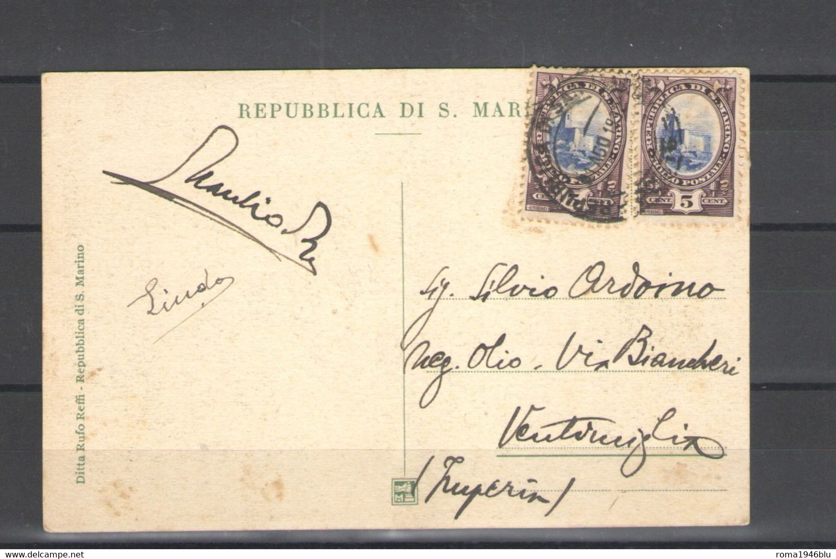 SAN MARINO 1929 VEDUTA  2 VALORI 5 C. SU CARTOLINA  VIAGGIATA - Blocs-feuillets