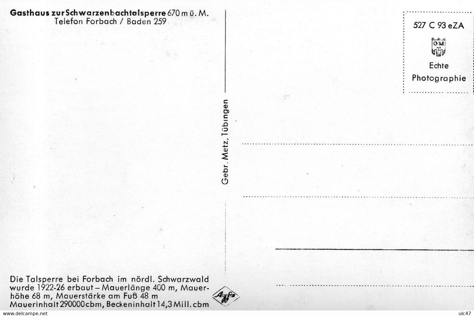 - Gasthaus Zur Schwarzenbachtalsperre 670 M ü. M. - Telefon Forbach / Baden 259 - Scan Verso - - Forbach