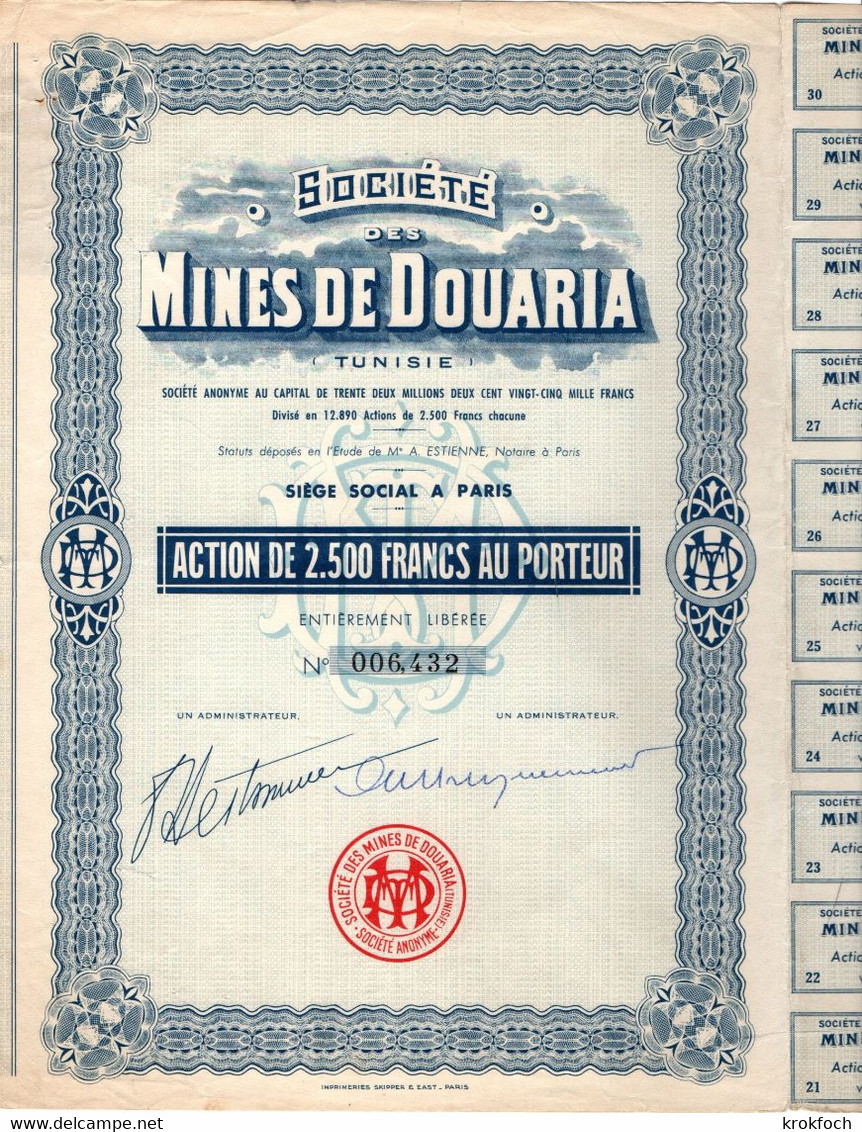 Mines De Douaria Tunisie - Action Avec 21 Coupons - Me Estienne Notaire à Paris - M - O