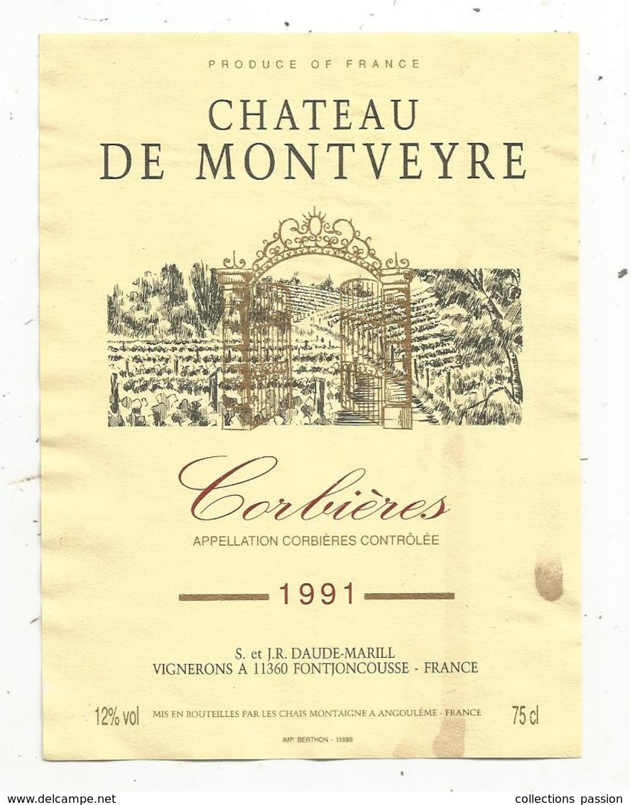 étiquette De Vin , Pays D'Oc , CORBIERES ,chateau De MONTVEYRE ,1991, FONTJONCOUSSE , Aude - Vin De Pays D'Oc