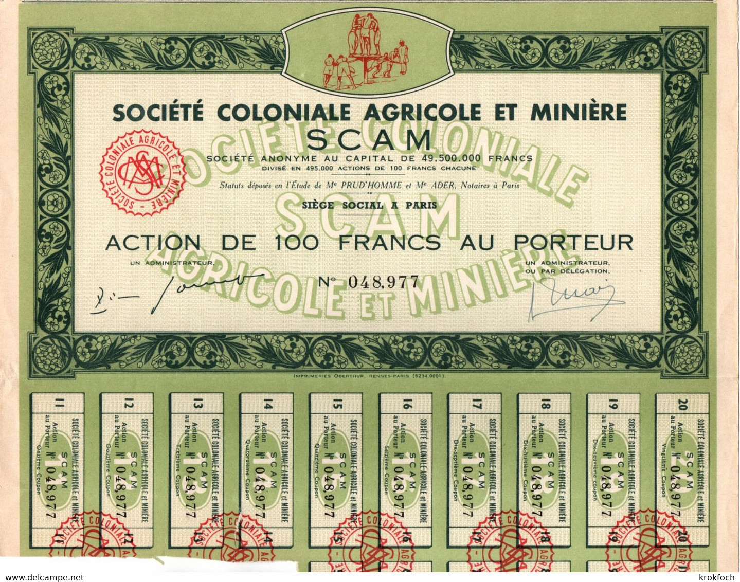 SCAM - Société Coloniale Agricole Et Minière - Action Avec 16 Coupons - Me Prud'homme & Ader Notaire à Paris - S - V