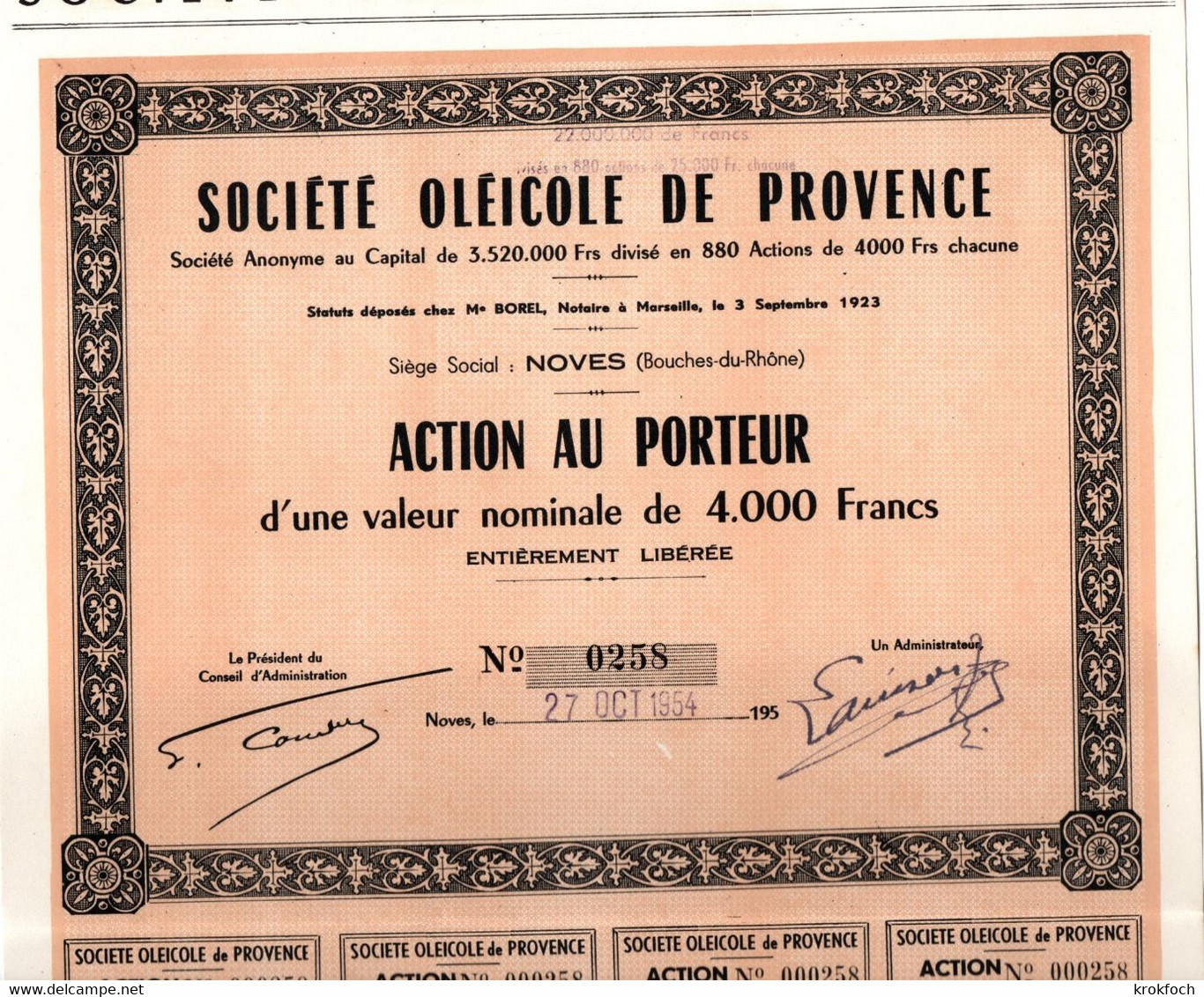 Société Oléicole De Provence - Action De 1954 Avec 24 Coupons - Siège à Noves - Me Borel Notaire à Marseille - Olives - M - O