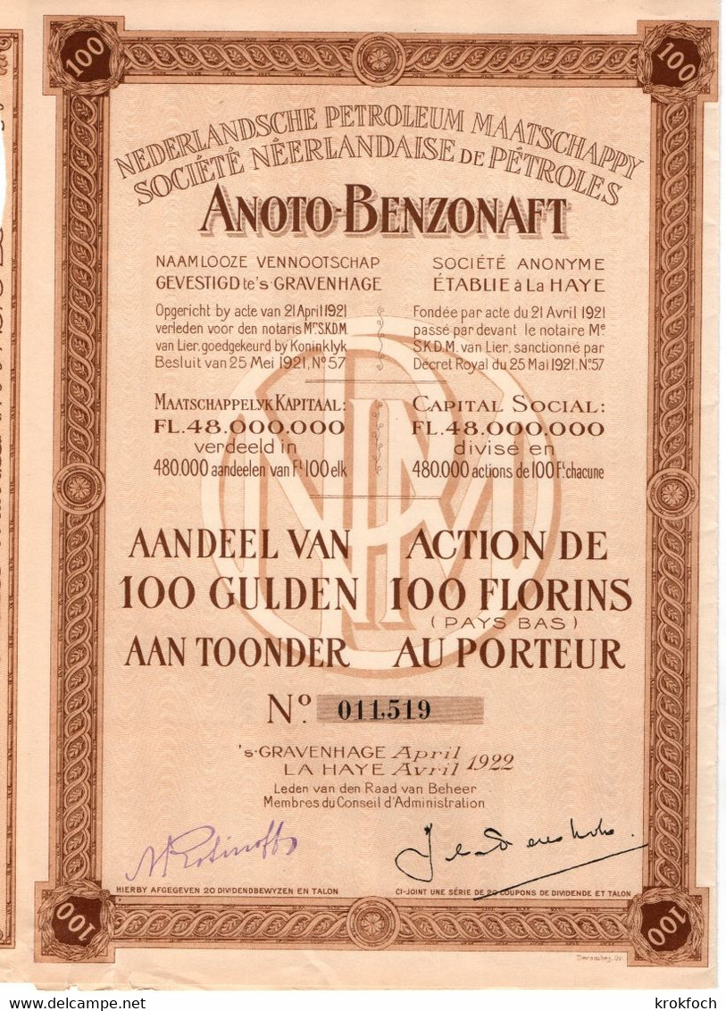 Société Néerlandaise De Pétroles Anoto-Benzonaft - Action 1922 Avec 20 Coupons - Gravenhage La Haye - Oil - Pays-Bas - A - C