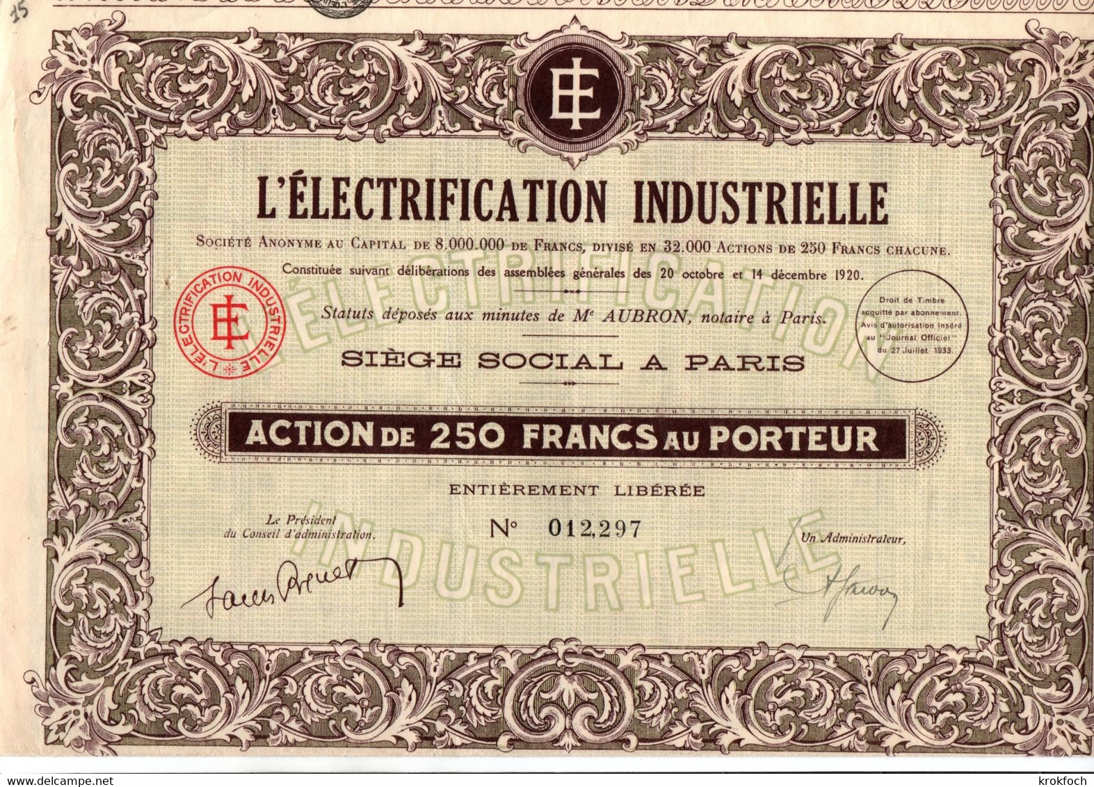 EI Electrification Industrielle - Action 1920 Avec 30 Coupons - Me Aubron Notaire à Paris - électricité - D - F
