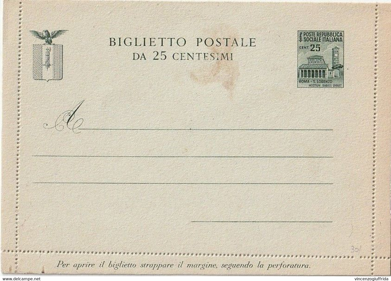 R.S.I- 8/9/1944 Biglietto Postale Definitivo Della R.S.I. Mon. Distrutti -c.25 Verde Basilica Di S.Lorenzo Nuovo B 37 - Stamped Stationery