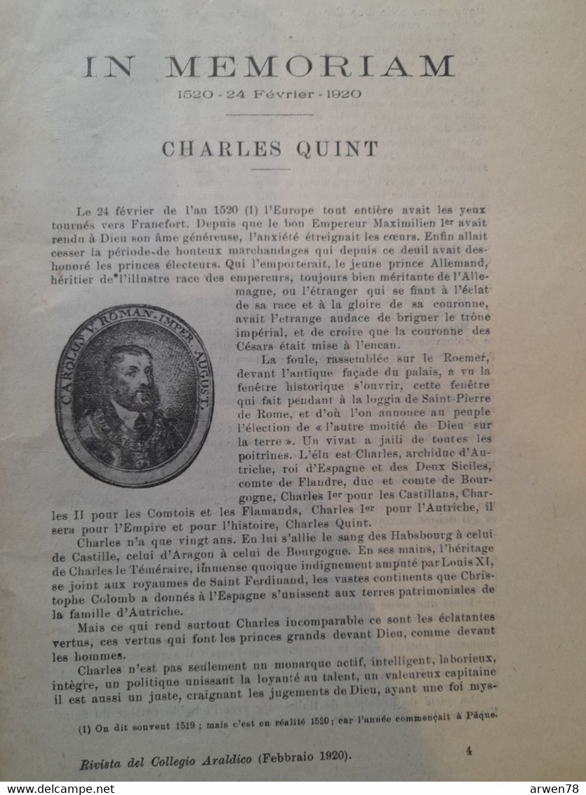 Rivista Araldica Généalogie Héraldique Charles Quint 1520  1920 Voir Sommaire - Textes Scientifiques