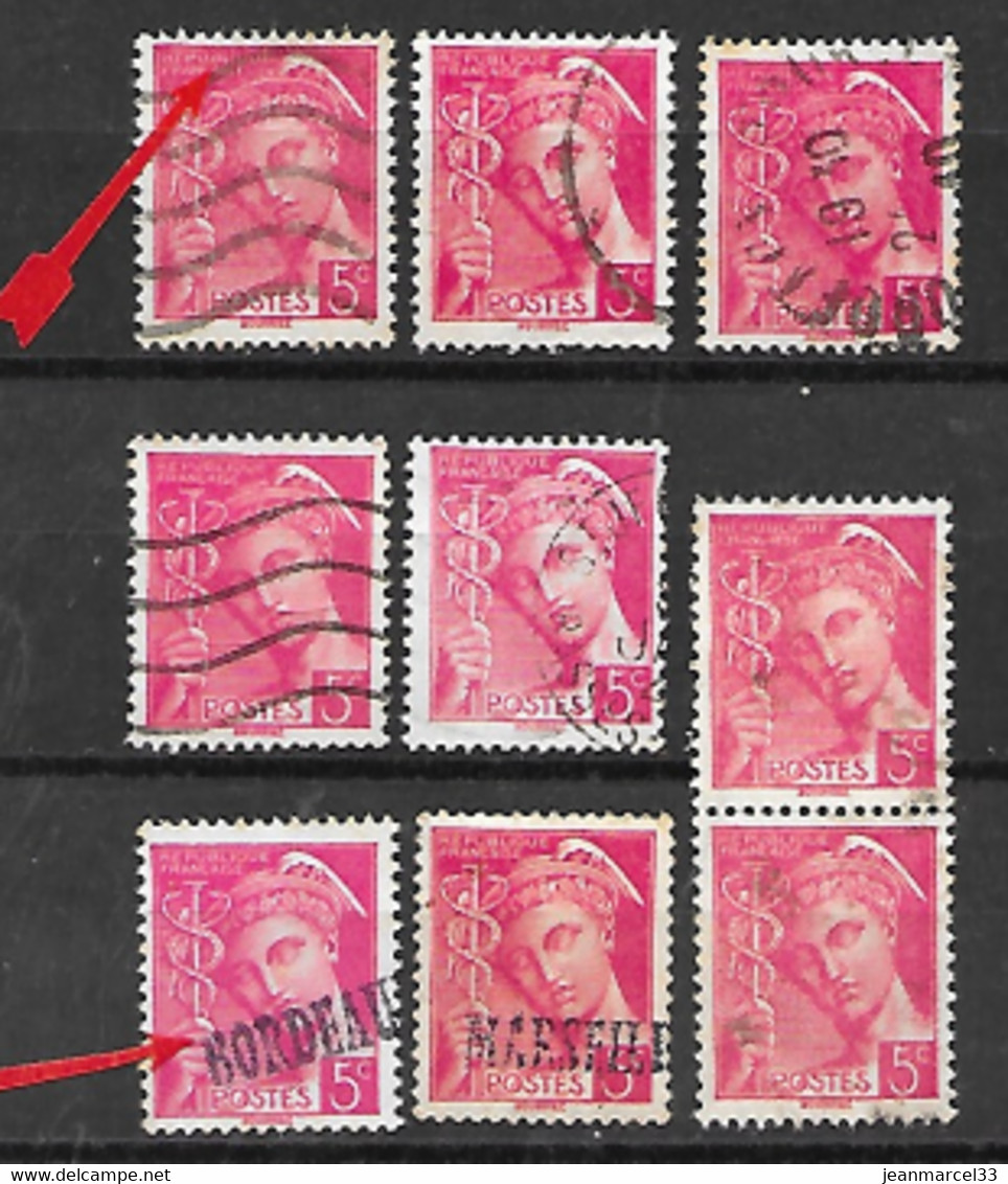Vafiétès Lot De 9 Timbres N° 406, 5c Mercure Rose, République Française Male Imprimée Cadre Brisé Ou Non Existant - Used Stamps