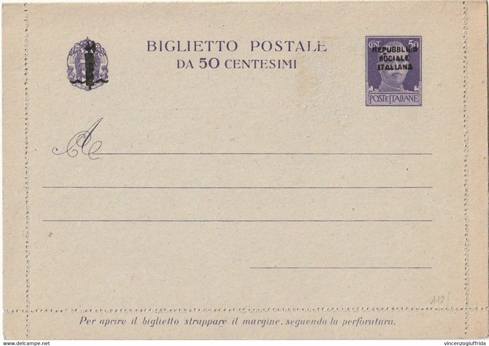 ITALIA RSI 4/1944 BIGLIETTO POSTALE B 36 50c. "Fascetto" NUOVO MNH OTTIMA QUALITA' - Postwaardestukken