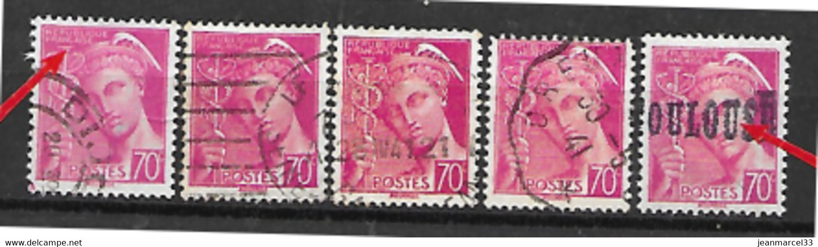 Vafiétès Lot De 9 Timbres N° 416, 70c Mercure Lilas Rose, République Française Male Imprimée Cadre Brisé Ou Non Existant - Used Stamps
