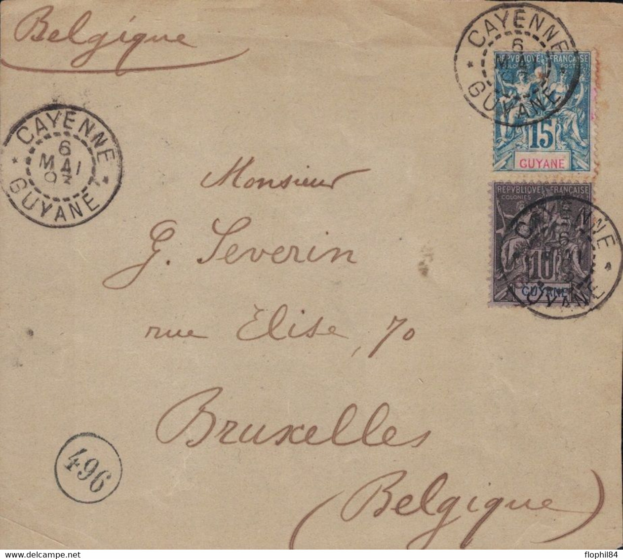 GUYANE - CAYENNE - LE 6 MAI 1903 - TYPE GROUPE 15c+10c - SUR DEVANT DE  LETTRE POUR LA BELGIQUE - SUPERBE. - Used Stamps