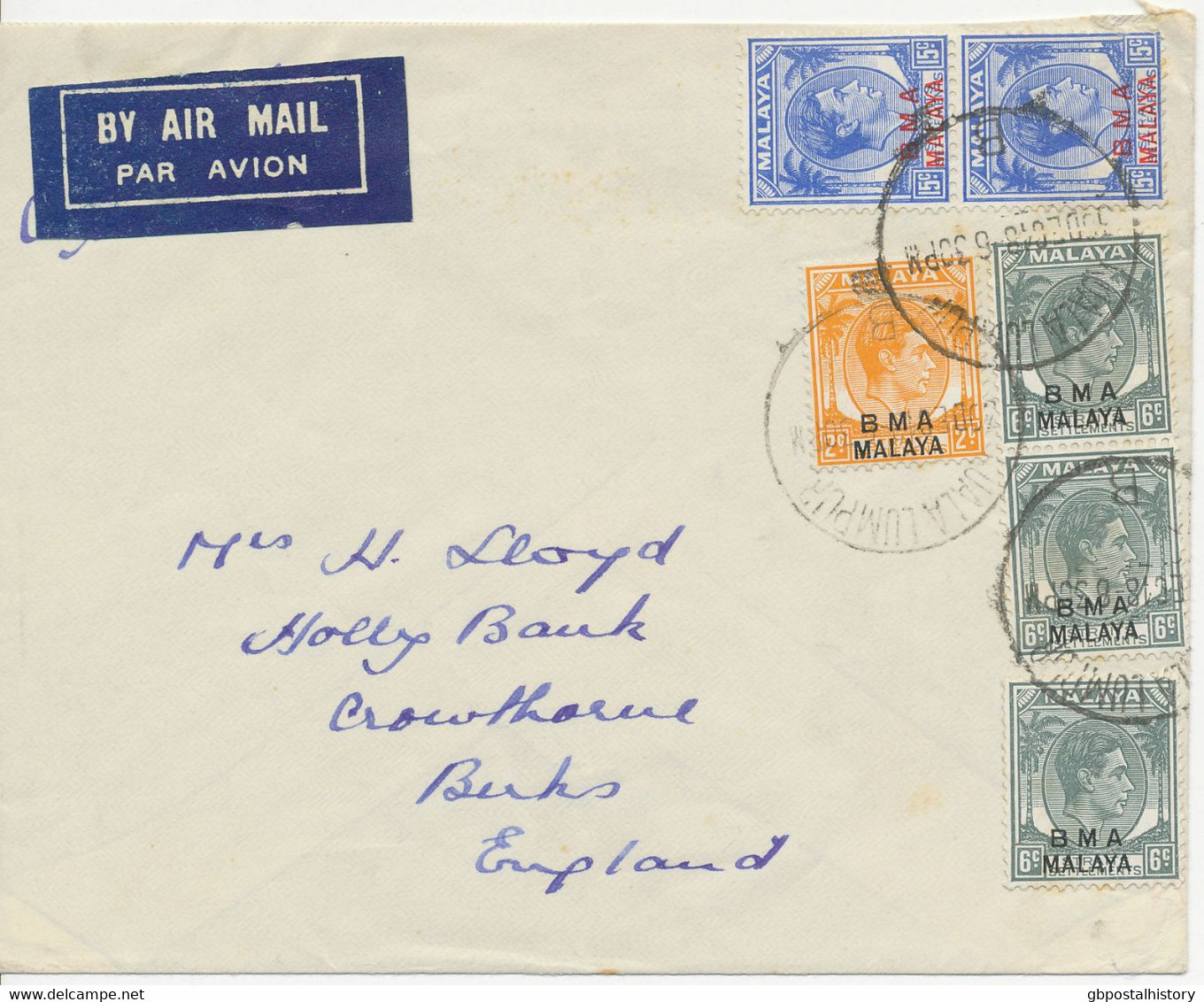 MALAY STATES - BRITISH MILITARY ADMINISTRATION 1948 George VI W Overprint "BMA / MALAYA" 2, 6 (3x) And 15 C (2x) Cover - Malaya (British Military Administration)