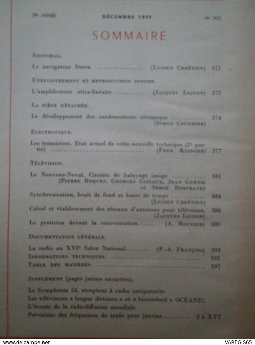 TSF ET TV - N° 302 DECEMBRE 1953 - REVUE MENSUELLE - ETUDE DU SYMPHONIA 54 ET DU RECEPTEUR DE TELEVISION OCEANIC 819 - Audio-Visual