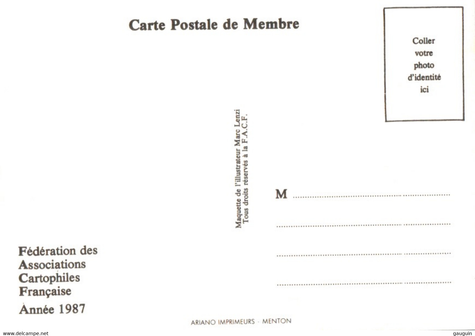 CPM - Illustration LENZI - Carte De Membre F.A.C.F. (1987) - Edition Cartophile - Lenzi