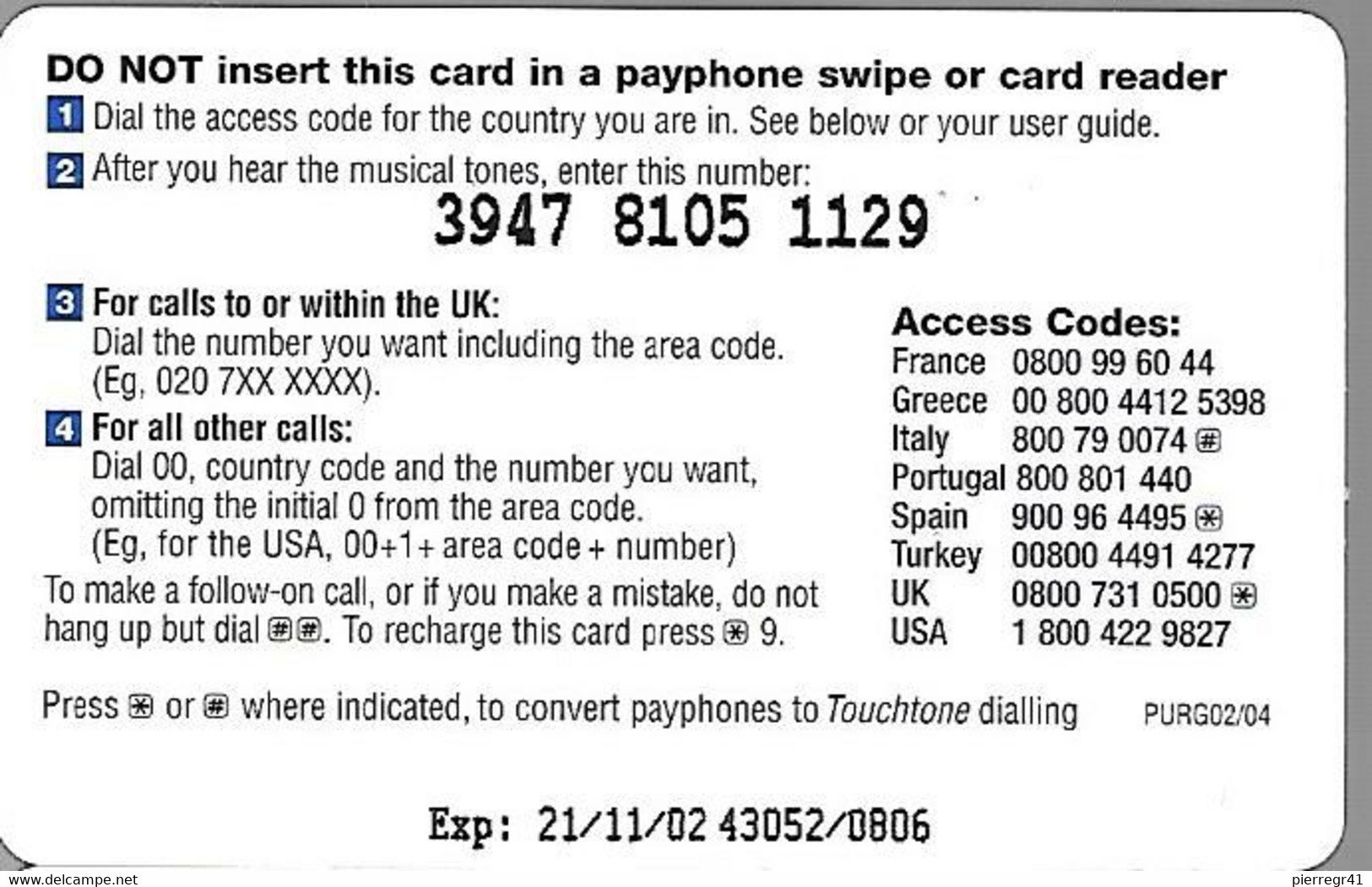 CARTE-PREPAYEE-GB-BT Global 5£--Exp21/11/02 -Gratté-Plastic Epais-TBE-RARE - BT Global Cards (Prepaid)
