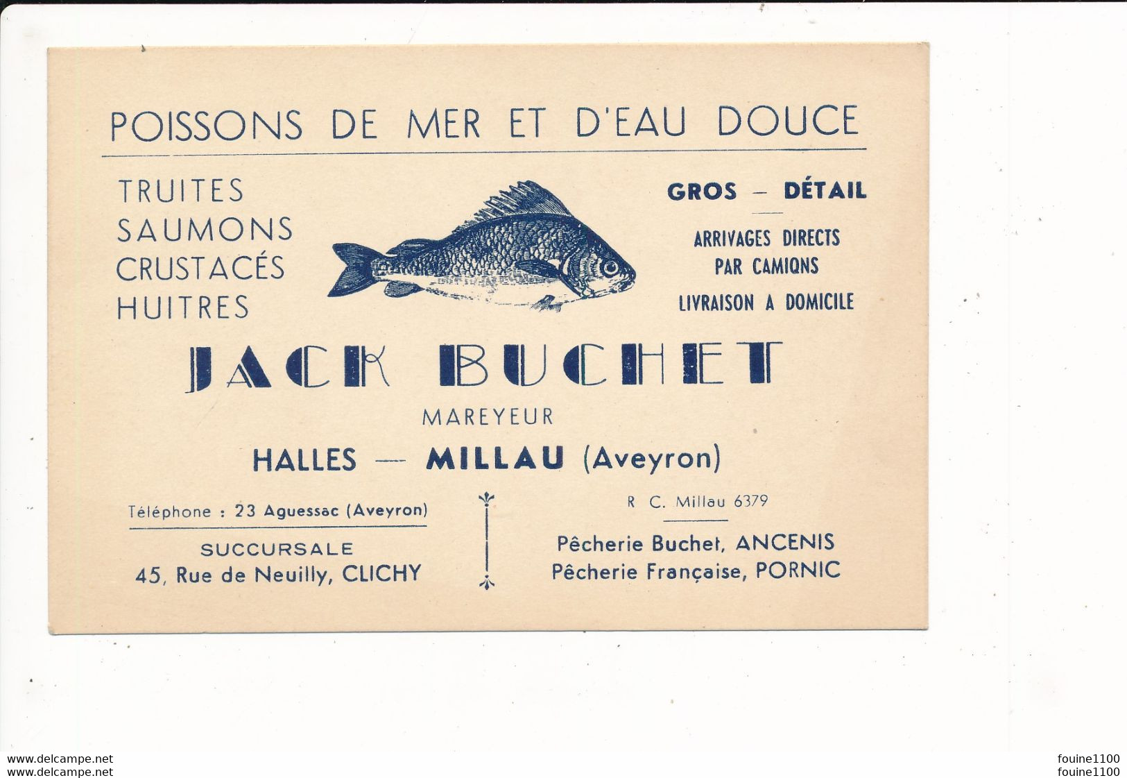 Carte De Visite Poissons De Mer Et D'eau Douce JACK BUCHET Mareyeur Halles  à MILLAU 12 AVEYRON - Visitenkarten