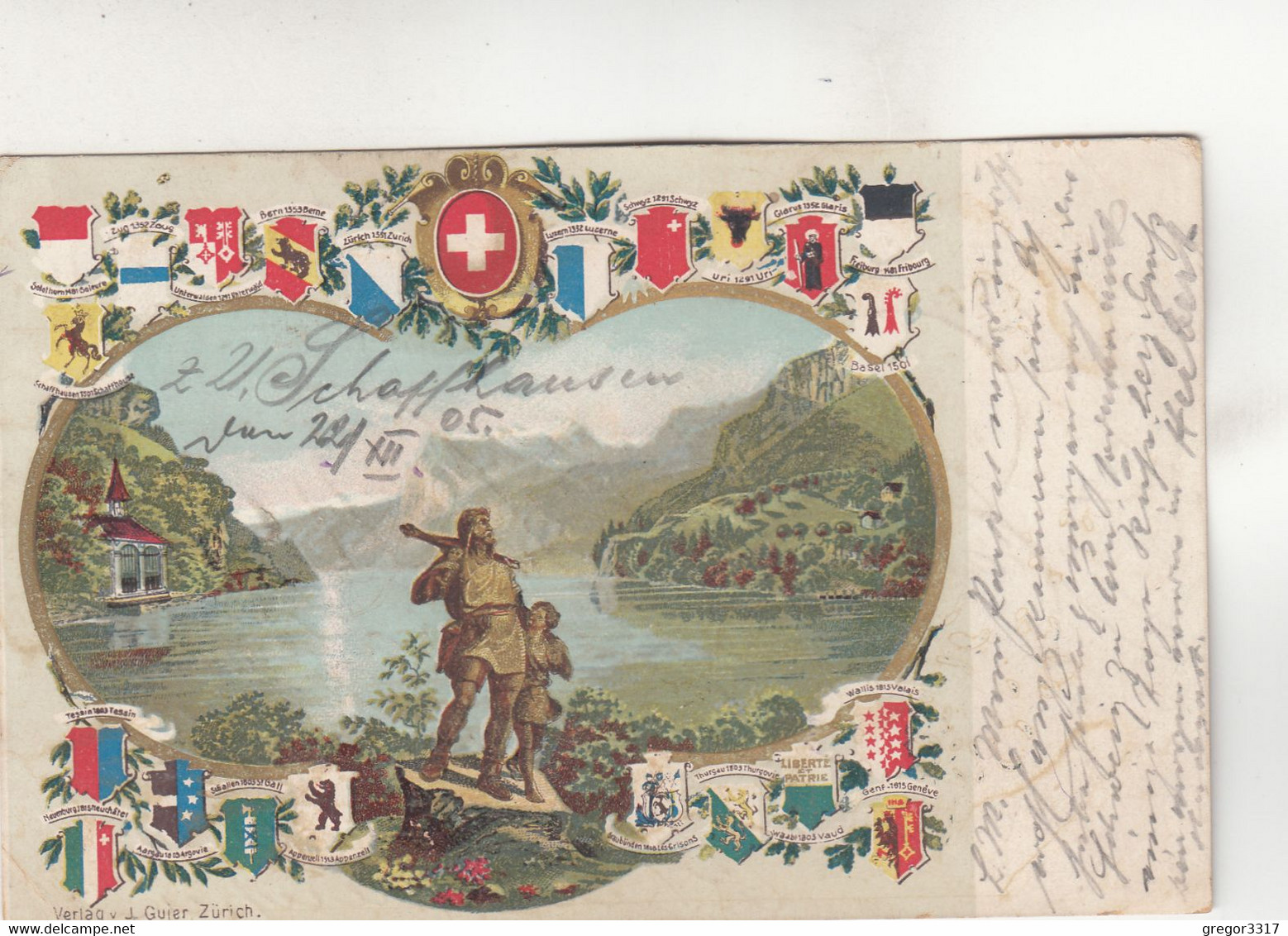 A2604) Schweiz LITHO WAPPEN Tell - See - Gel. SCHAFFHAUSEN 1905 !! - Hausen Am Albis 