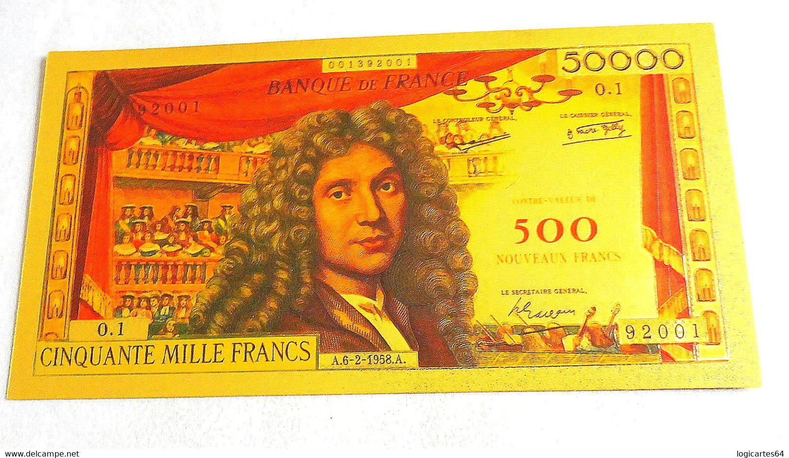 ★  BILLET POLYMER " OR " AVEC COULEURS DU 500 NOUVEAUX FRANCS / 50000 FRANCS MOLIERE ★ - 1955-1959 Sobrecargados (Nouveau Francs)