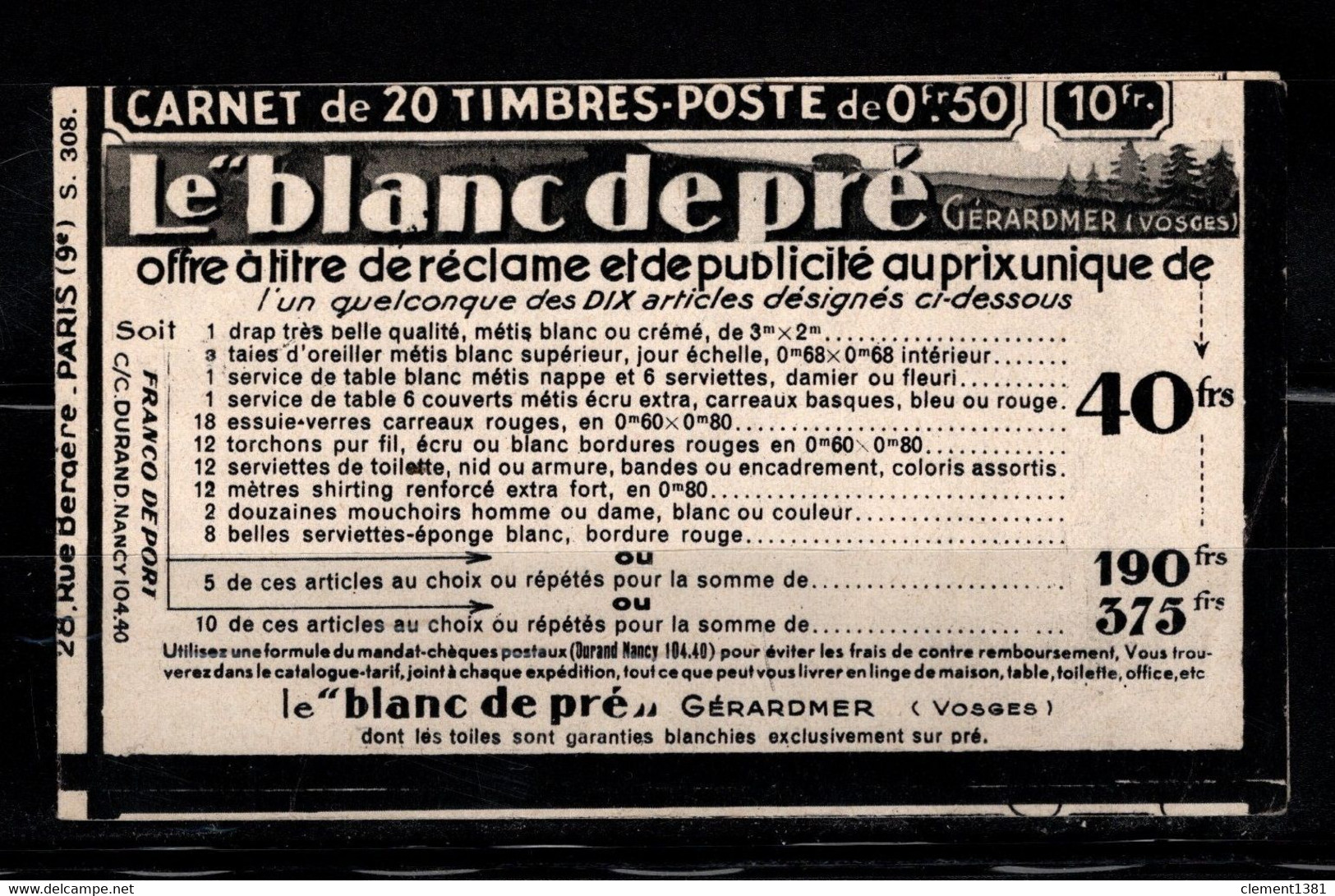 France Couverture De Carnet Vide S308 - Oude : 1906-1965