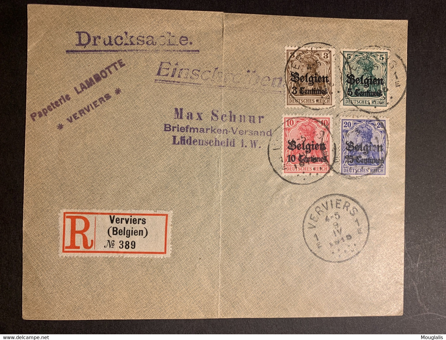 4 Timbres Allemagne Sur Lettre Recommandée  Surcharge Belgian 3,5,10 Et 25 Ct De Verviers Vers Ludenseheid - Ocupación 1914 – 18