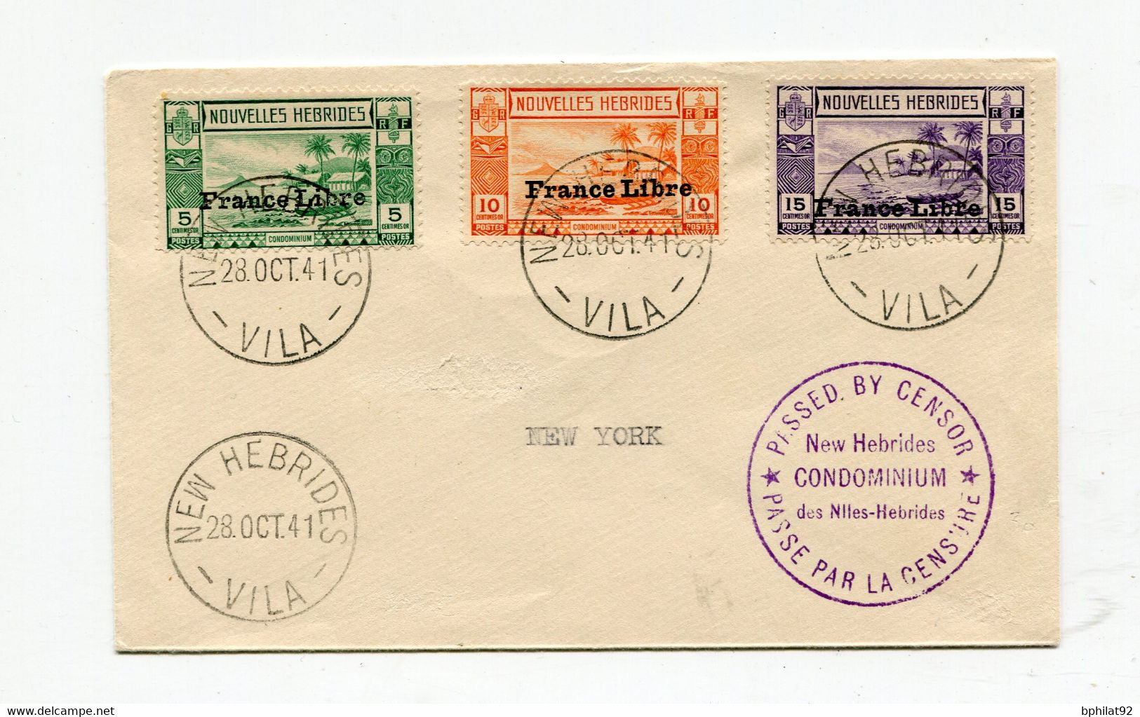 !!! NOUVELLE HEBRIDES, EMISSION FRANCE LIBRE SUR LETTRE PHILATELIQUE, CACHETS DE PORT VILA DU 28/10/1941 ET CENSURE - Lettres & Documents