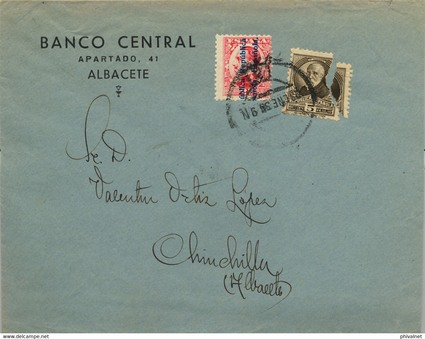 1933 ALBACETE , SOBRE COMERCIAL DEL BANCO CENTRAL CIRCULADO A CHINCHILLA , LLEGADA AL DORSO - Storia Postale